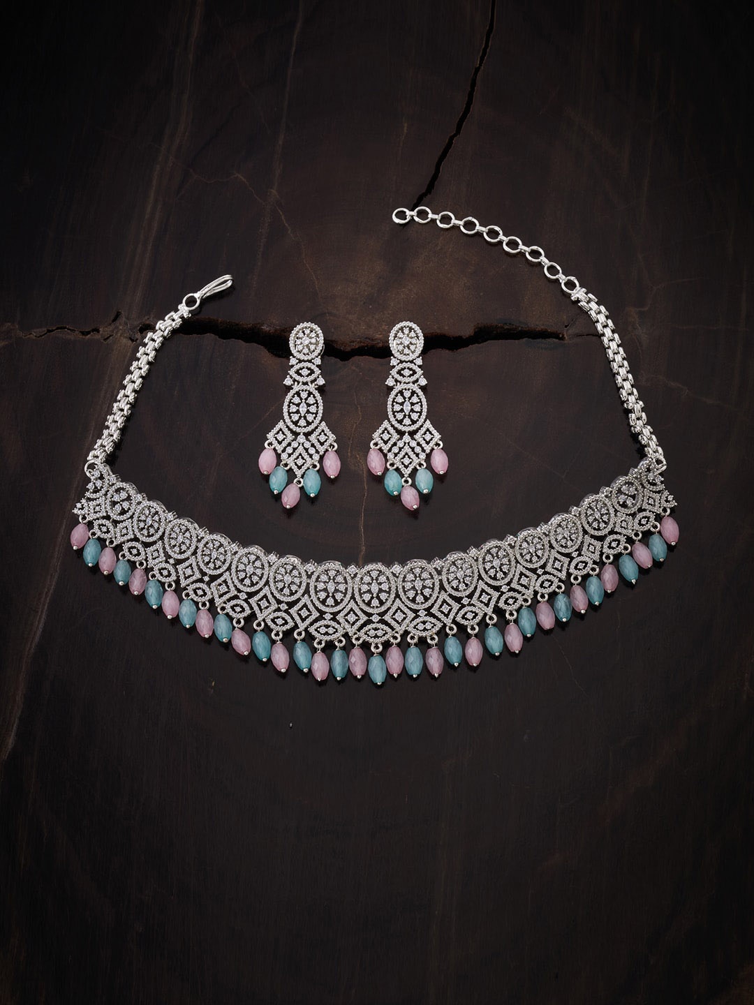 

Kushal's Fashion Jewellery Pink & Sea Green CZ Studded Rhodium-Plated Jewellery Set