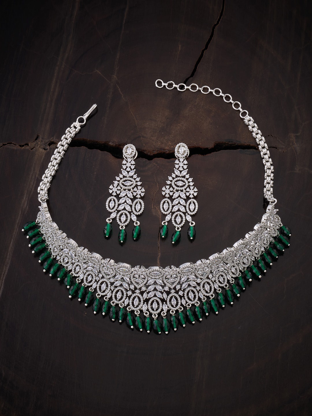 

Kushal's Fashion Jewellery Silver-Toned & Green Rhodium-Plated Choker Jewellery Set