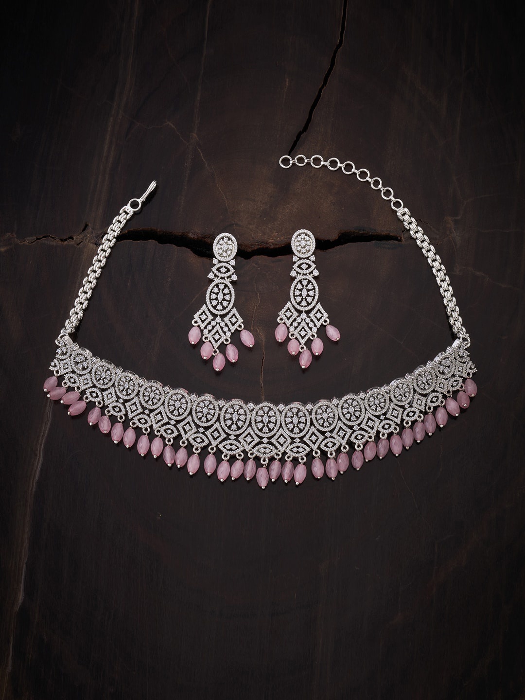 

Kushal's Fashion Jewellery Rhodium-Plated & Pink CZ-Studded Jewellery Set