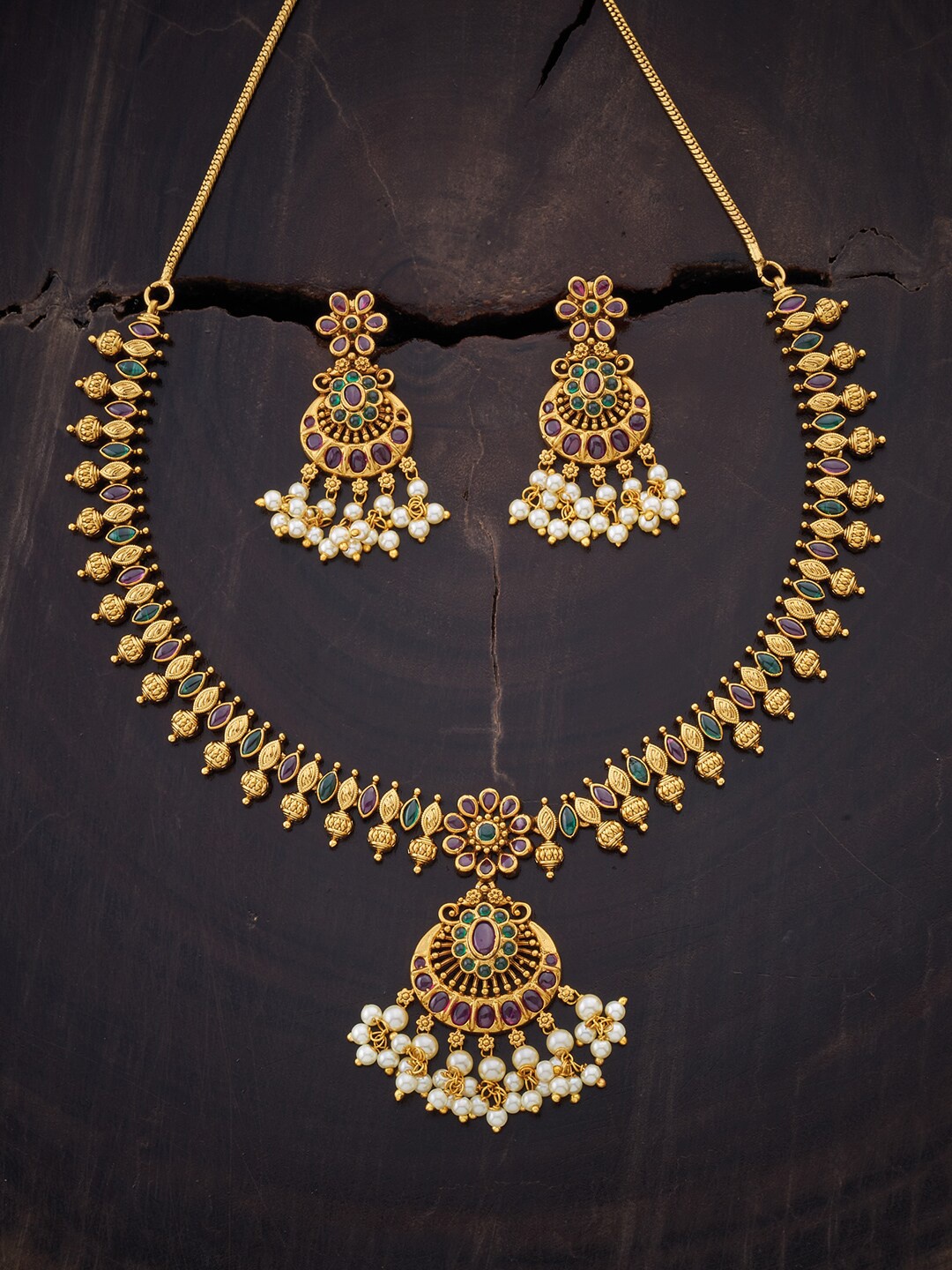 

Kushal's Fashion Jewellery Gold-Toned Pink & Green Artificial Stones and Beads Jewellery Set