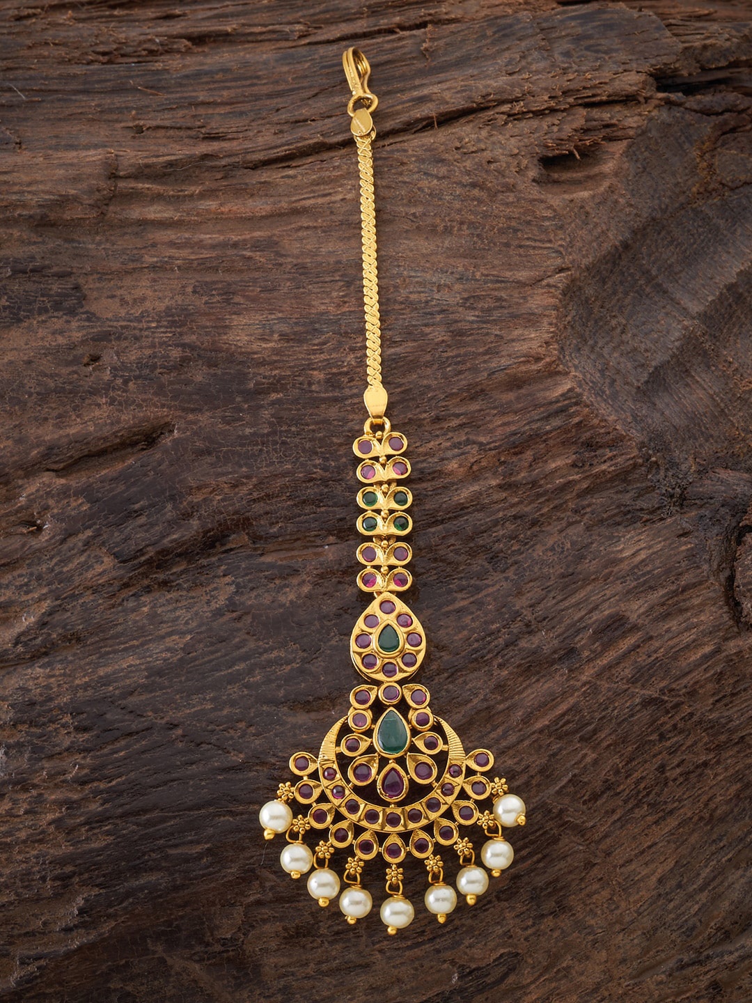 

Kushal's Fashion Jewellery Gold-Plated Red & Green Stone Studded Maang Tikka
