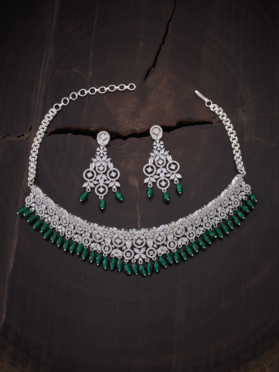 

Kushal's Fashion Jewellery Women Rhodium-Plated Green Studded Jewellery Set, Silver