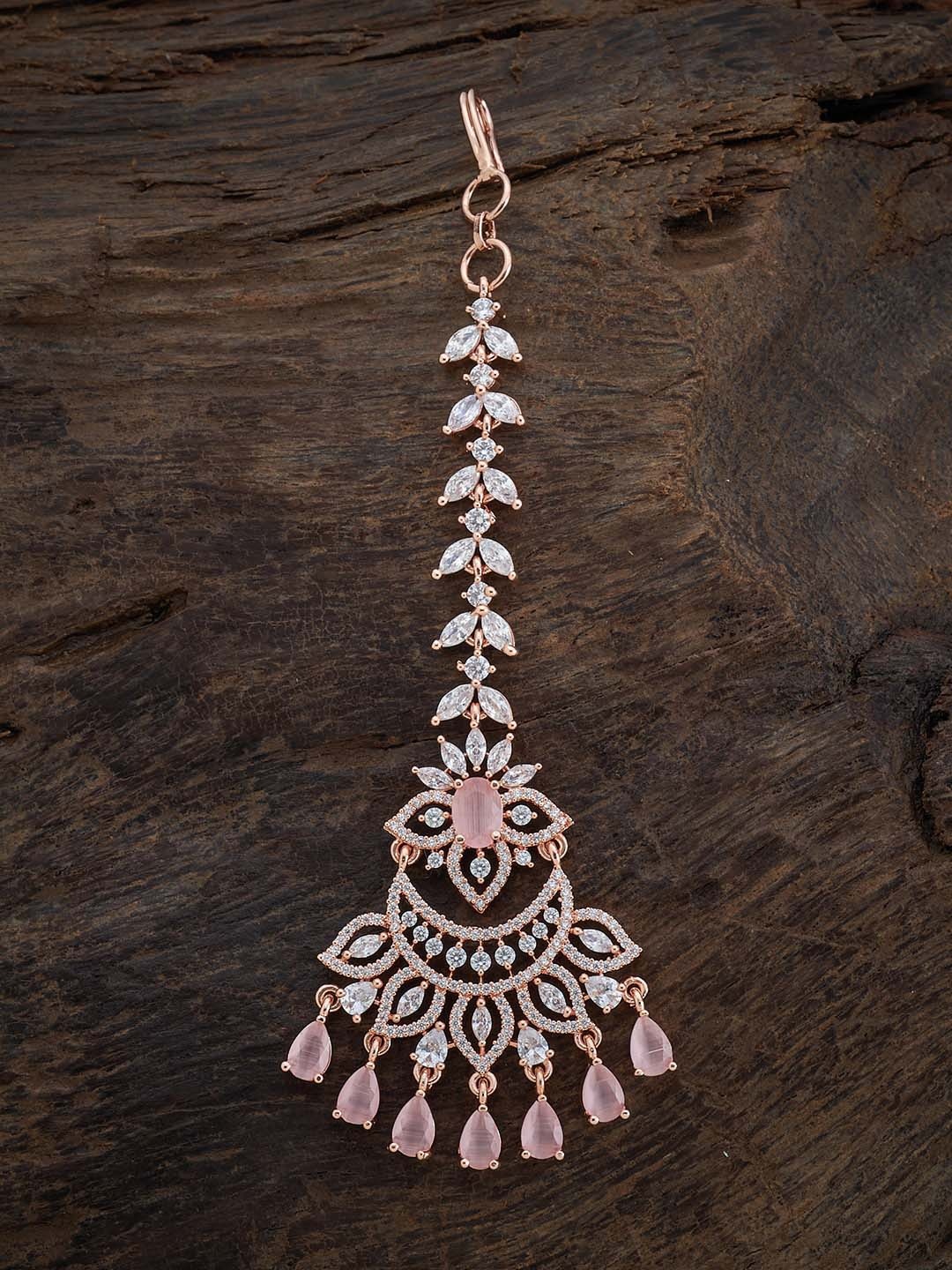 

Kushal's Fashion Jewellery Rose Gold-Plated White & Pink Stone-Studded Maangtika