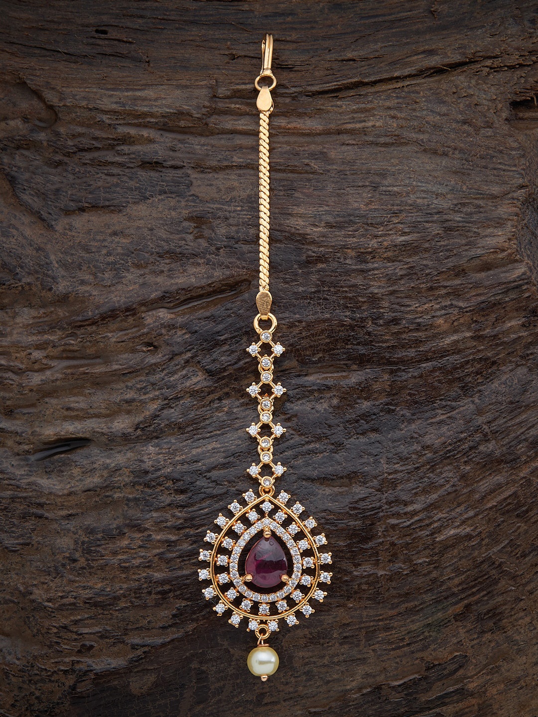 

Kushal's Fashion Jewellery Gold-Plated White & Red Stone-Studded & Pearl Beaded Maangtika