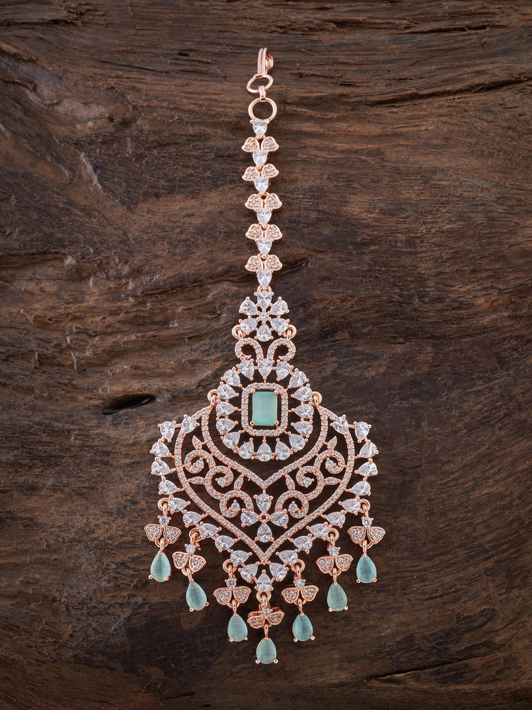 

Kushal's Fashion Jewellery Rose-Gold Plated Sea Green CZ Stones Maang Tikka Head Jewellery