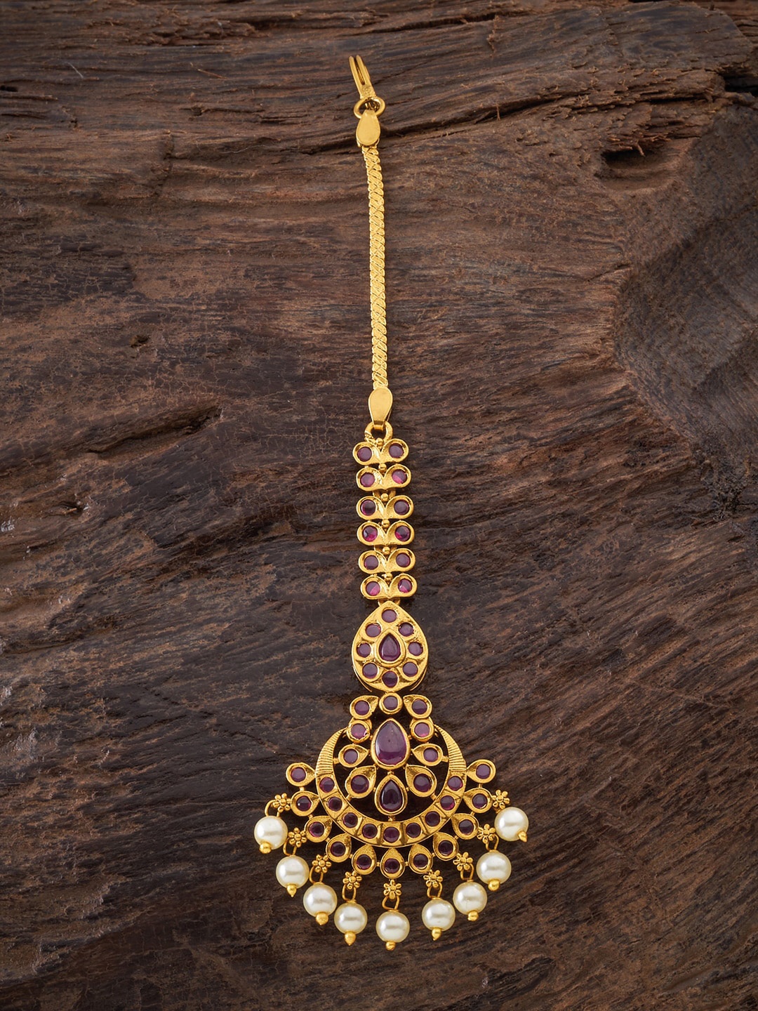 

Kushal's Fashion Jewellery Pink Stones-Studded & Pearls Beaded Gold-Plated Maang Tikka