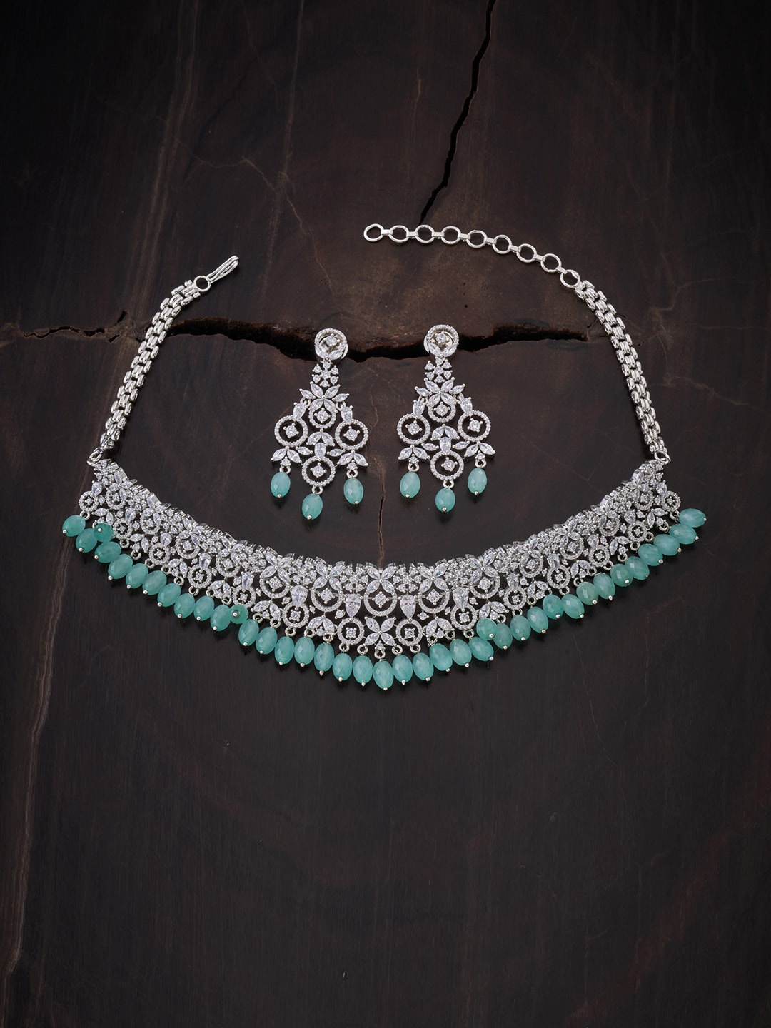 

Kushal's Fashion Jewellery Women Rhodium-Plated & Sea Green Necklace and Earrings