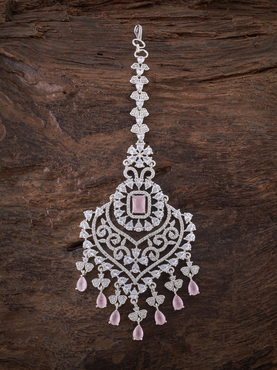 

Kushal's Fashion Jewellery Rhodium-Plated Silver-Toned White & Pink Stone-Studded Maangtika