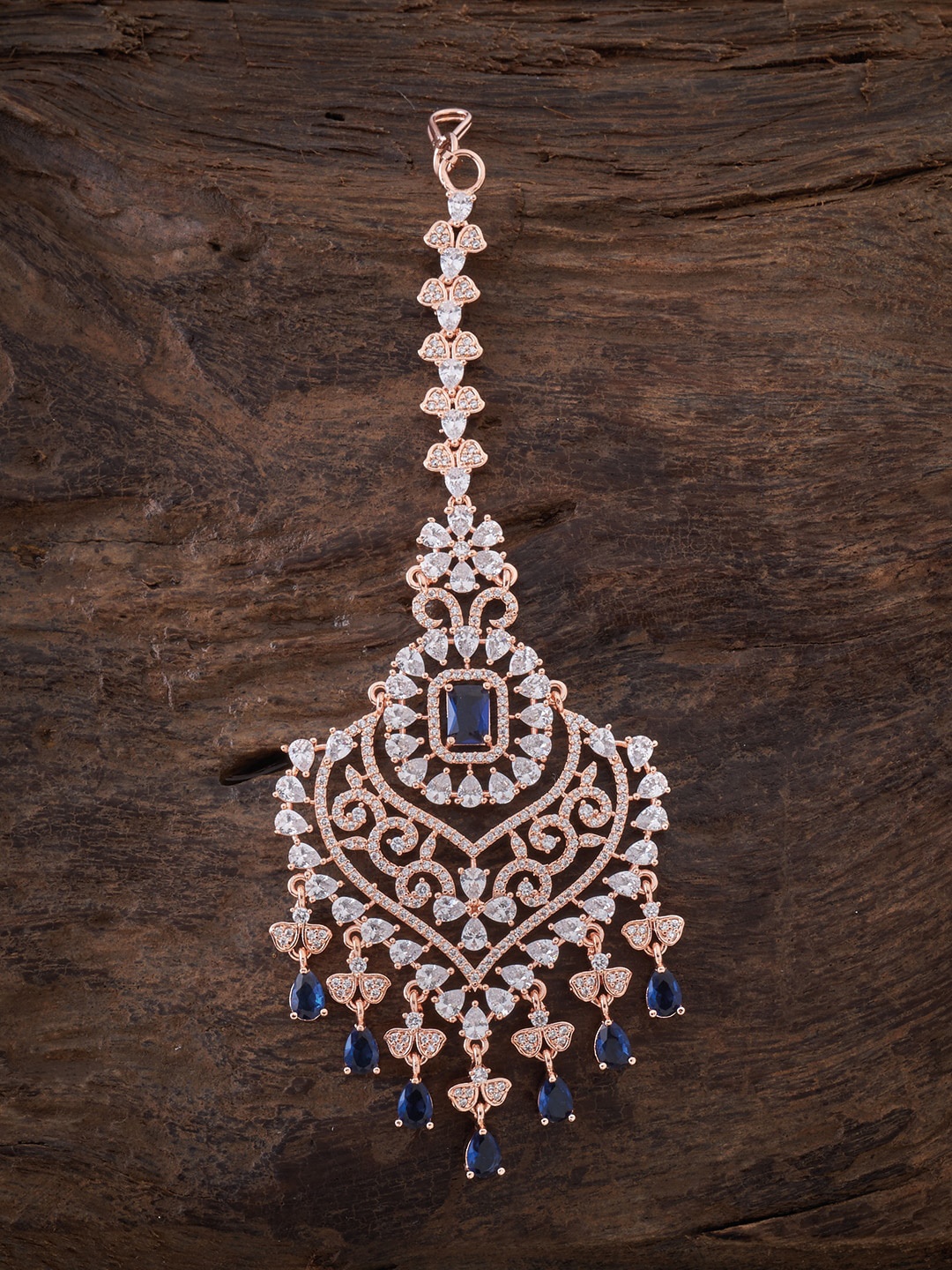 

Kushal's Fashion Jewellery Rose Gold-Plated Blue Artificial Stones-Studded Maangtikka