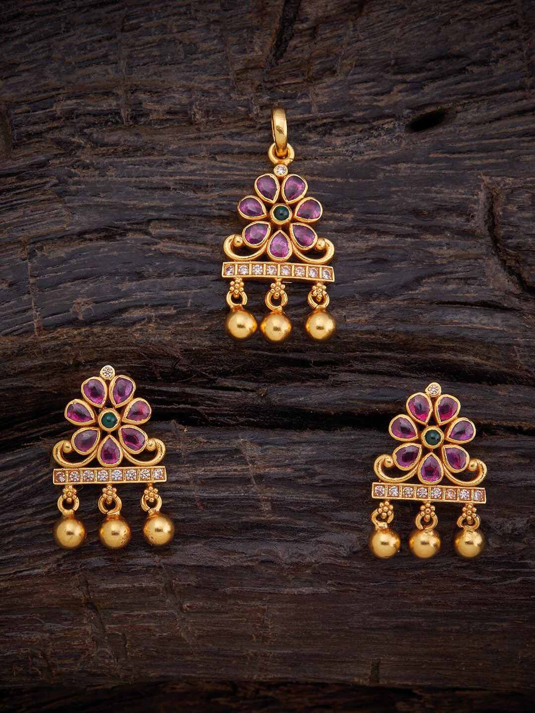 

Kushal's Fashion Jewellery Temple Pendant And Earrings Set, Gold