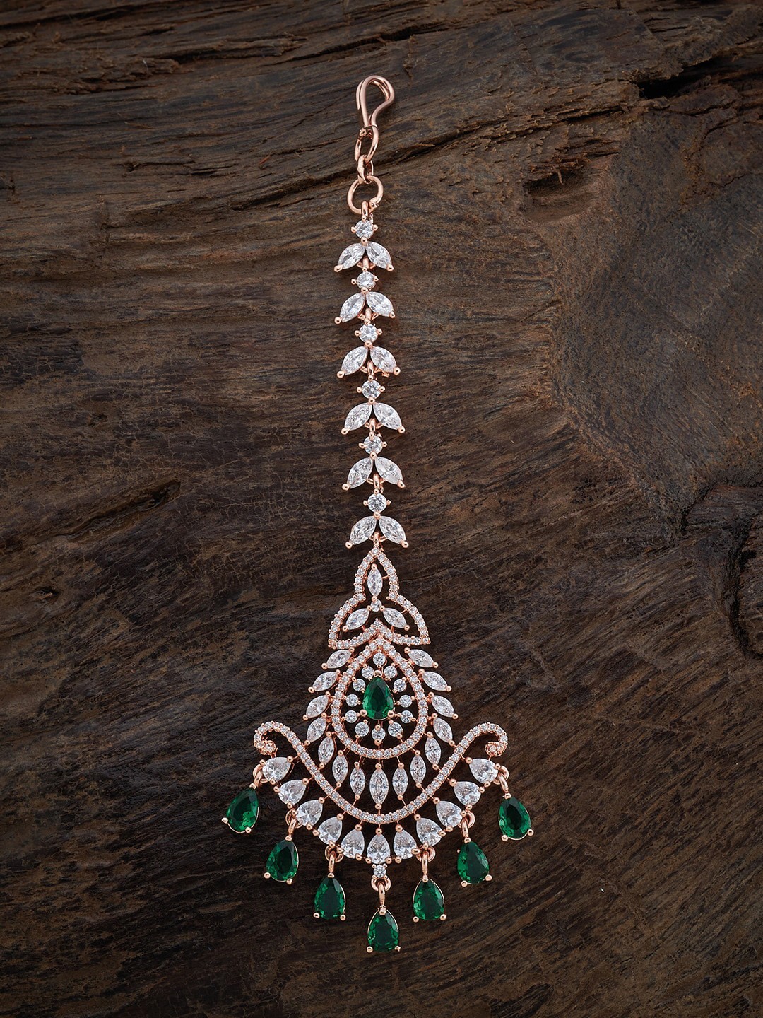 

Kushal's Fashion Jewellery Rose Gold-Plated Green & White CZ-studded Mang Tikka