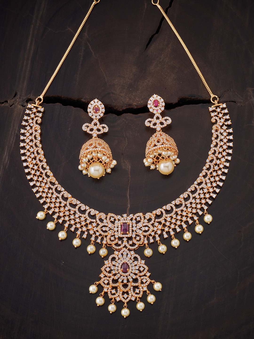 

Kushal's Fashion Jewellery Gold-Plated Pink & White CZ-Studded Jewellery Set