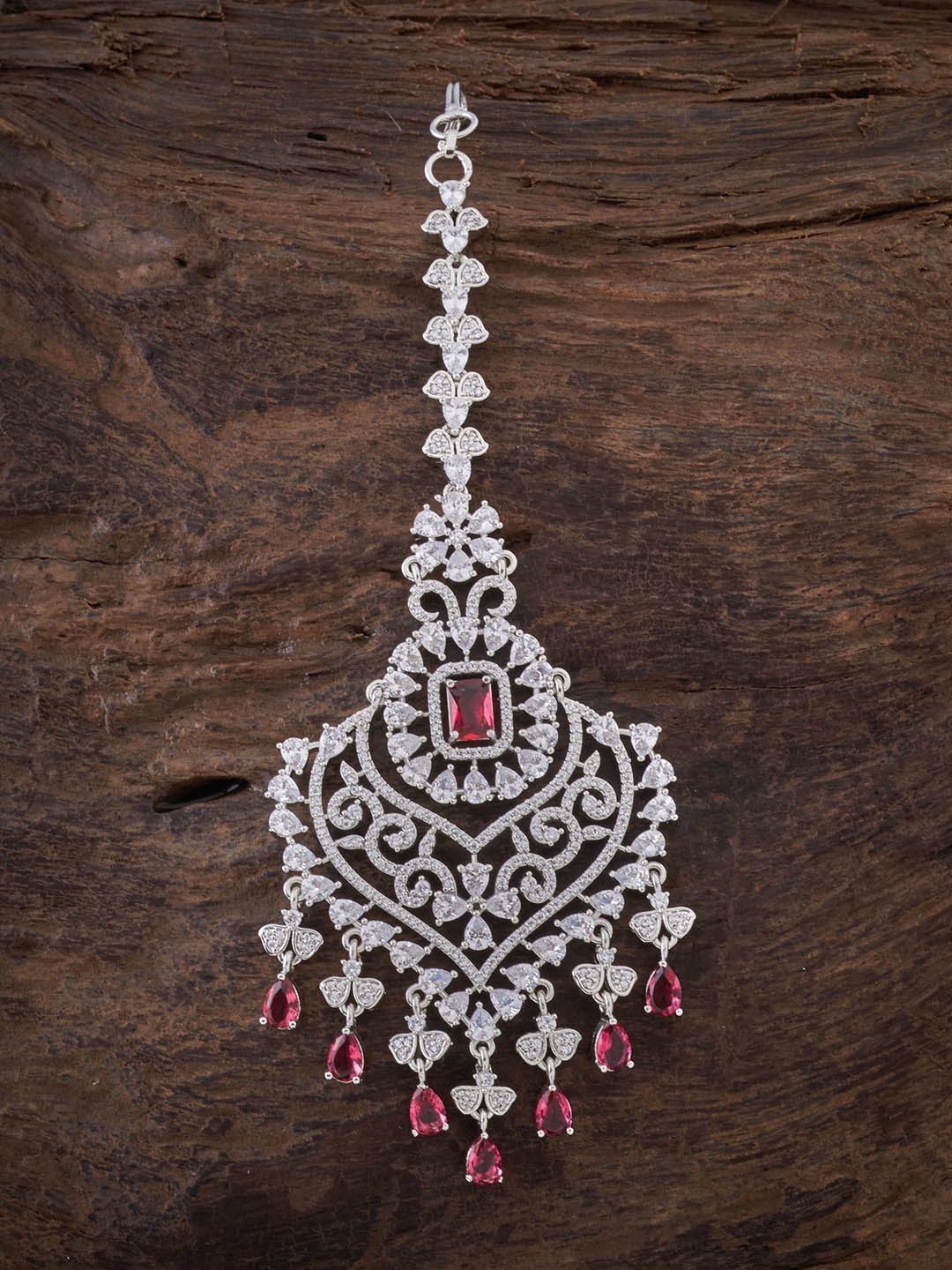 

Kushal's Fashion Jewellery Red & White Rhodium-Plated CZ-Studded Maangtikka, Silver
