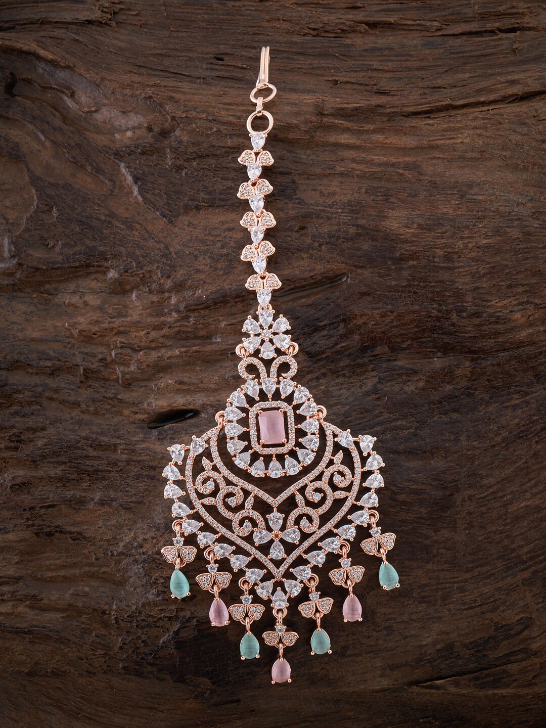 

Kushal's Fashion Jewellery Women Rose-Gold Sea Green & Pink CZ Stone Studded Maang Tikka