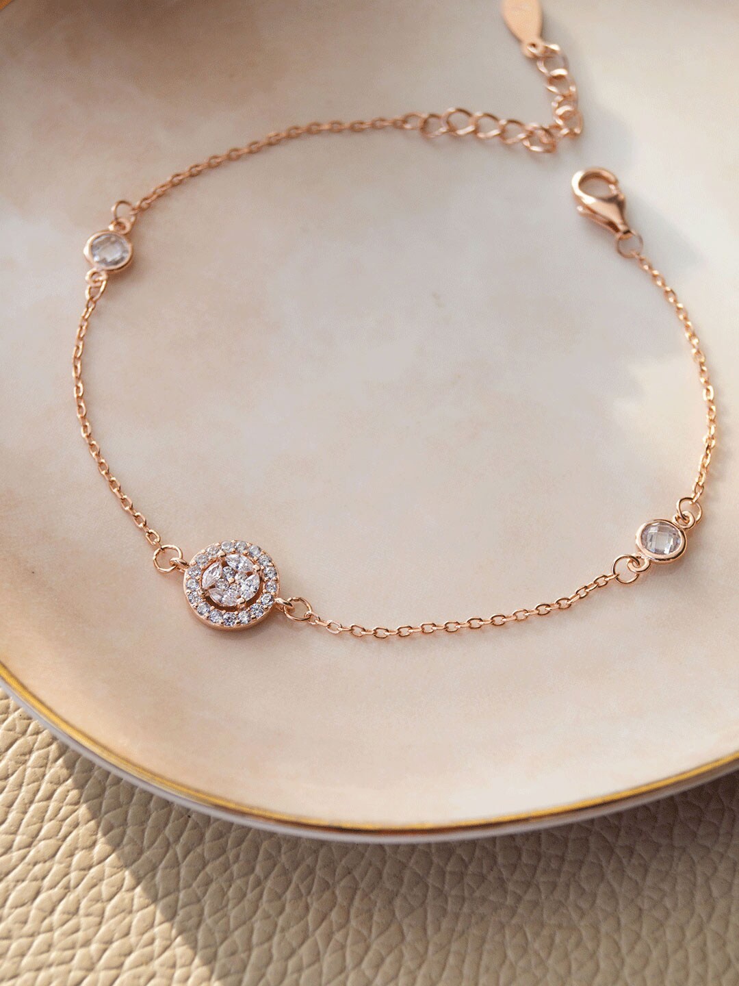 

MANNASH Women Rose Gold & White Sterling Silver Cubic Zirconia Rose Gold-Plated Link Bracelet