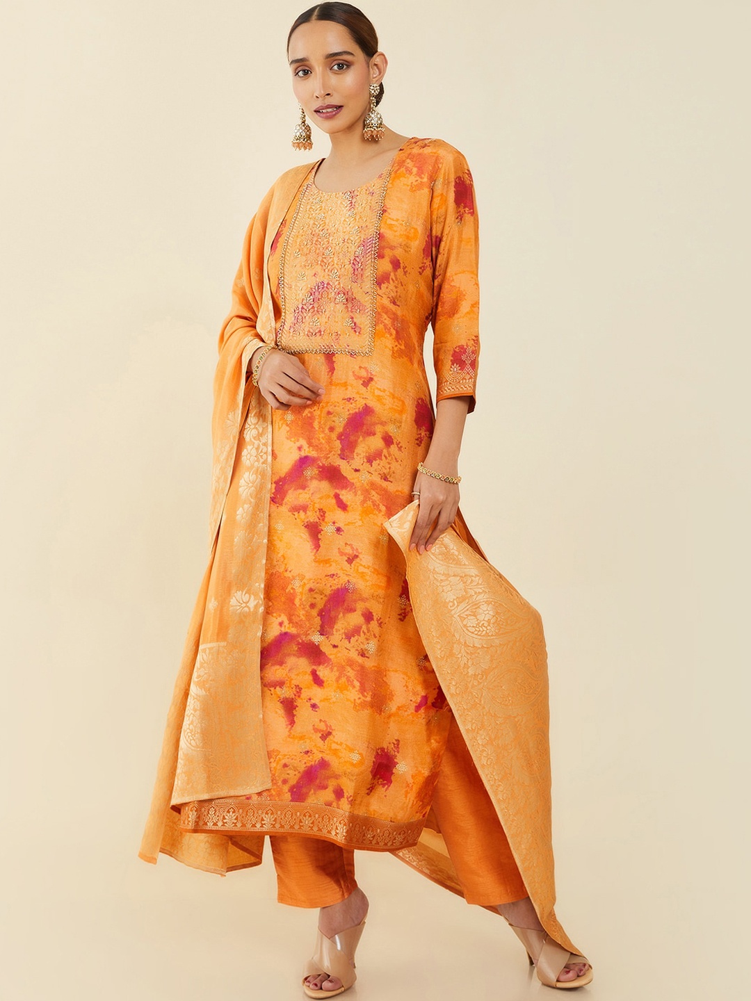 

Soch Women Orange Dyed Pure Silk Kurta with Trousers & With Dupatta