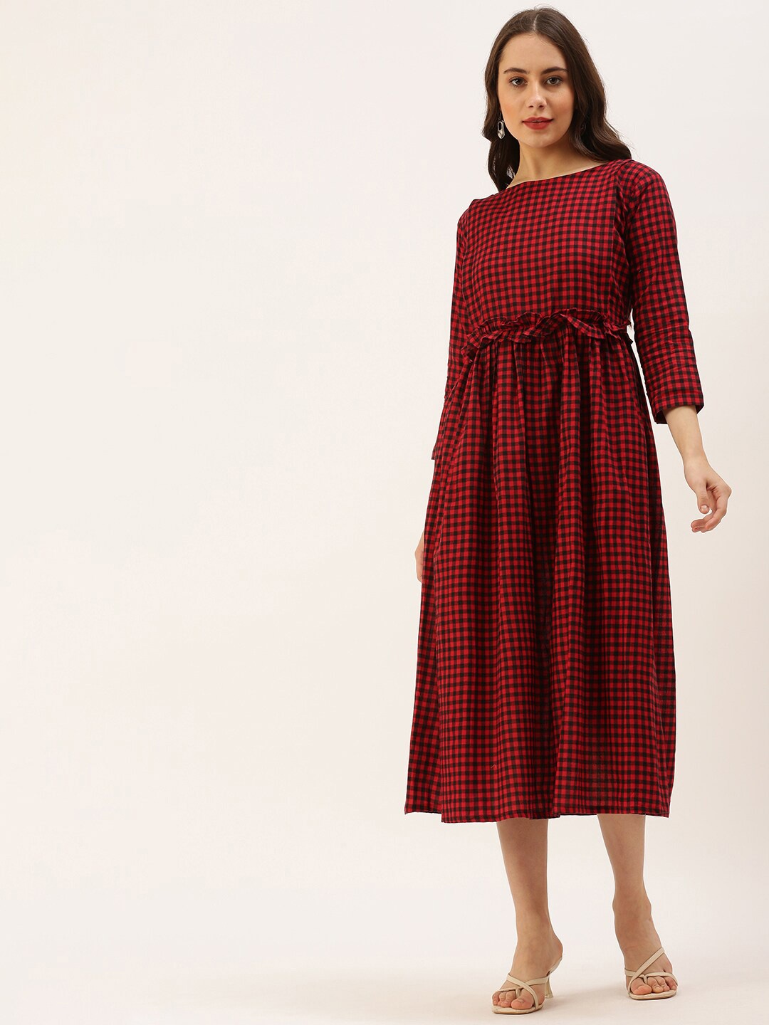 

Putchi Women Red & Black Checked Empire Dress