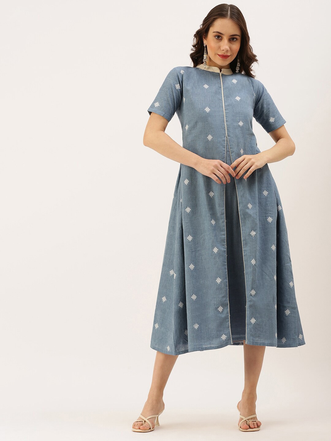 

Putchi Blue & White Ethnic Mandarin Collar Pure Cotton A-Line Midi Dress