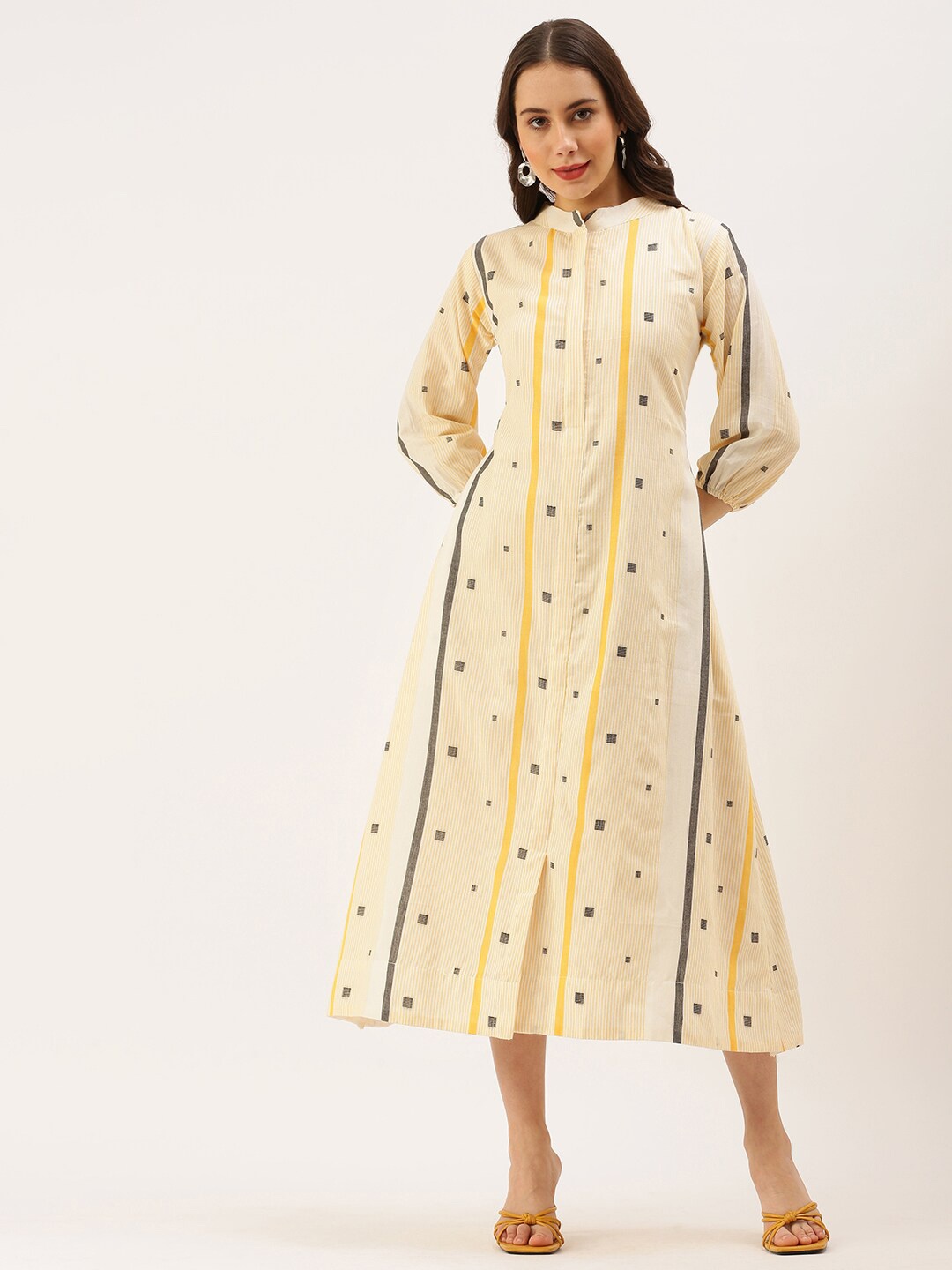 

Putchi Cream-Coloured & Grey Printed Ethnic Pure Cotton A-Line Dress