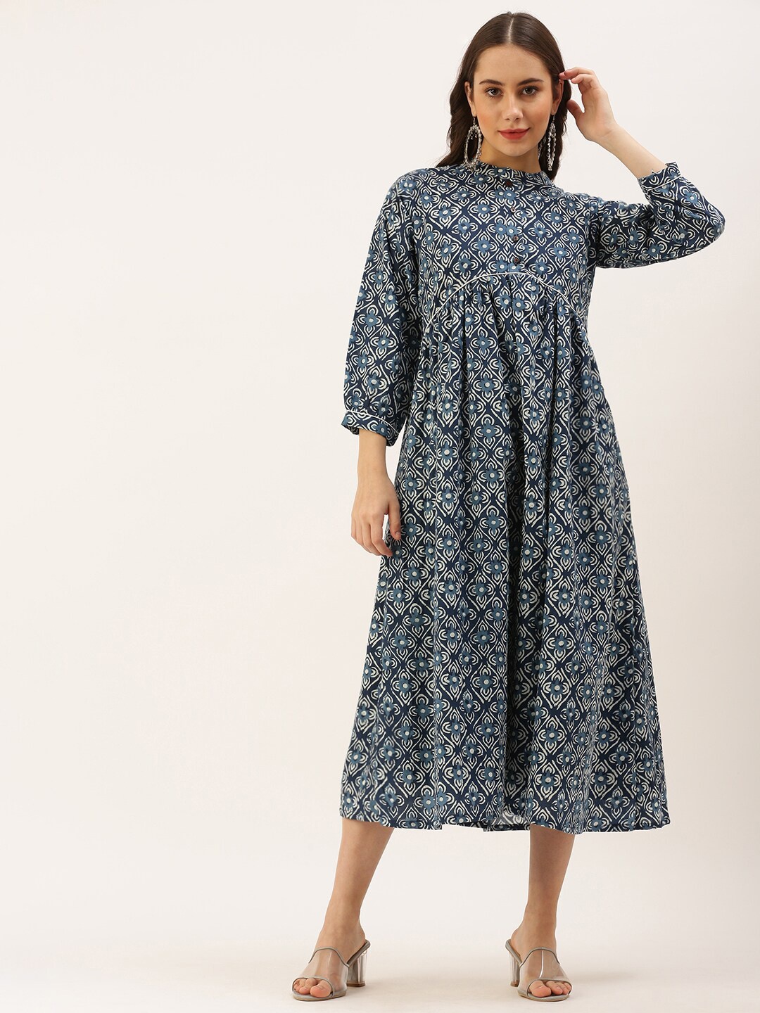

Putchi Women Navy Blue Floral Empire Cotton Midi Dress
