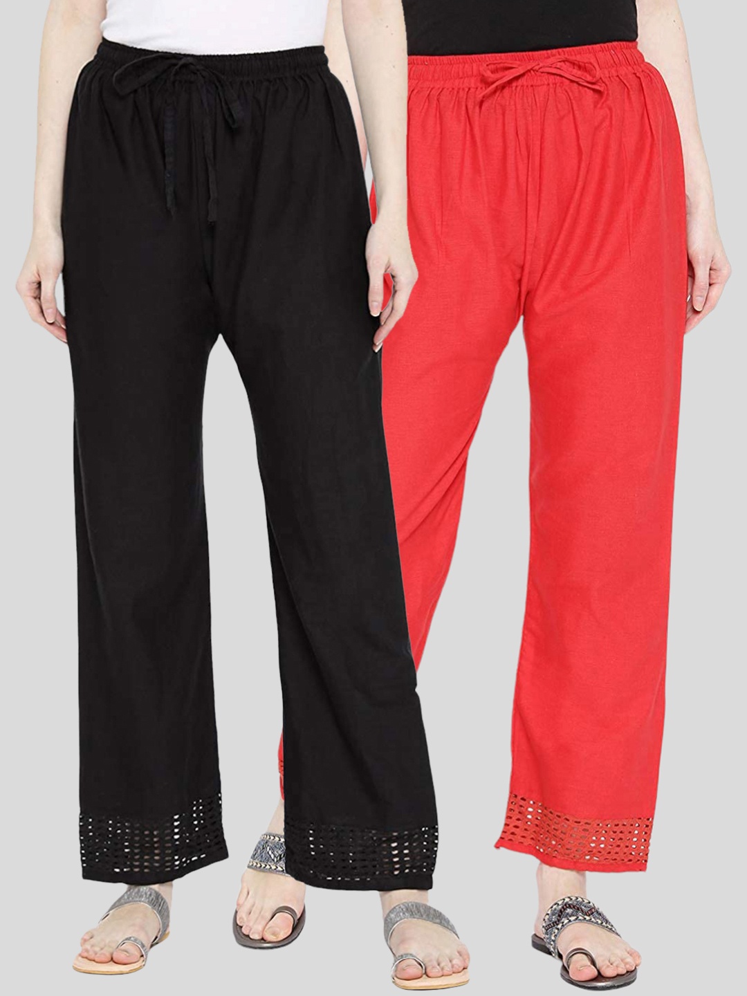 

Vastraa Fusion Women Pack Of 2 Red & Black Solid Pure Cotton Palazzos