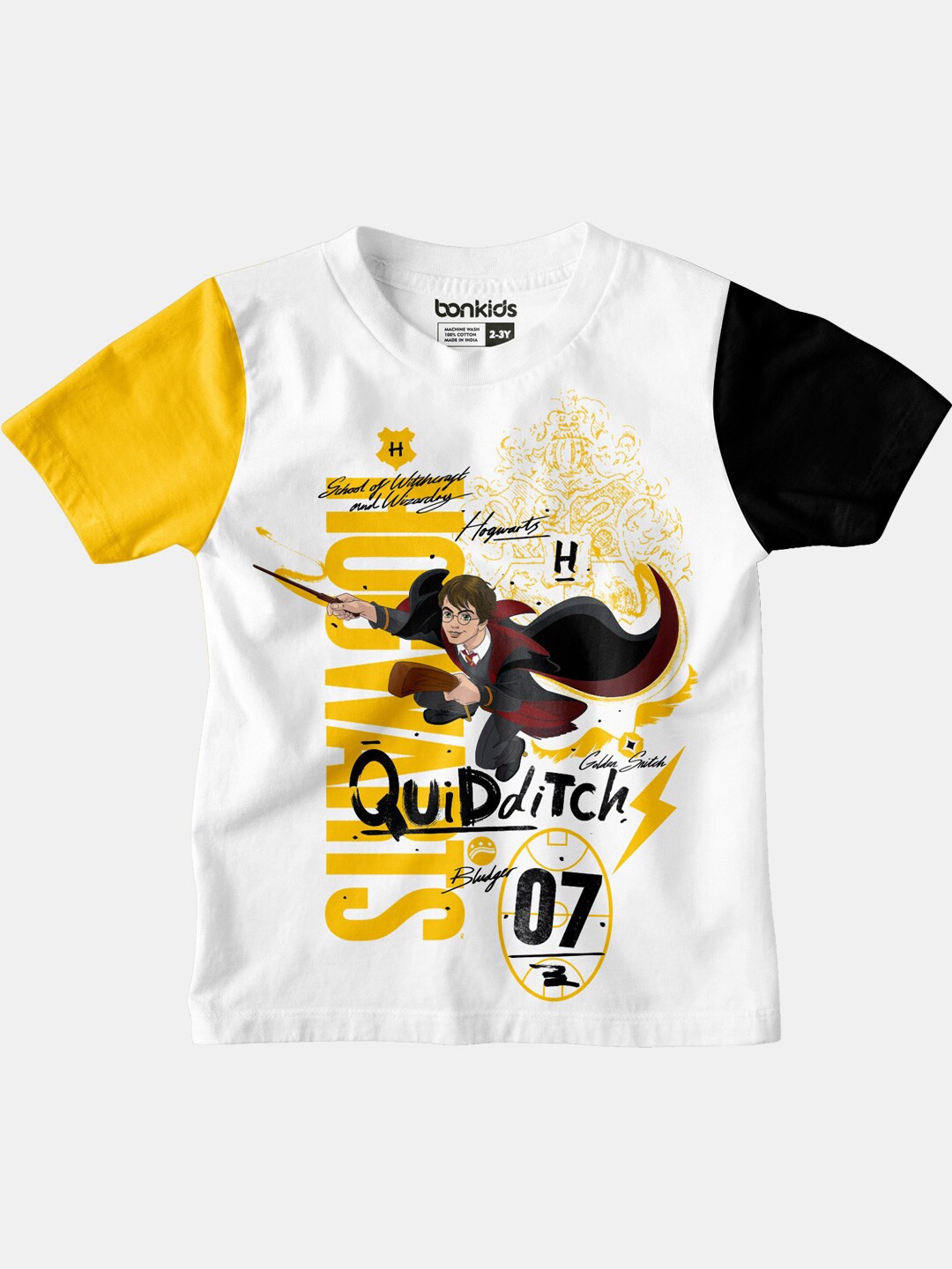 

BONKIDS Boys White & Yellow Printed Cotton T-shirt
