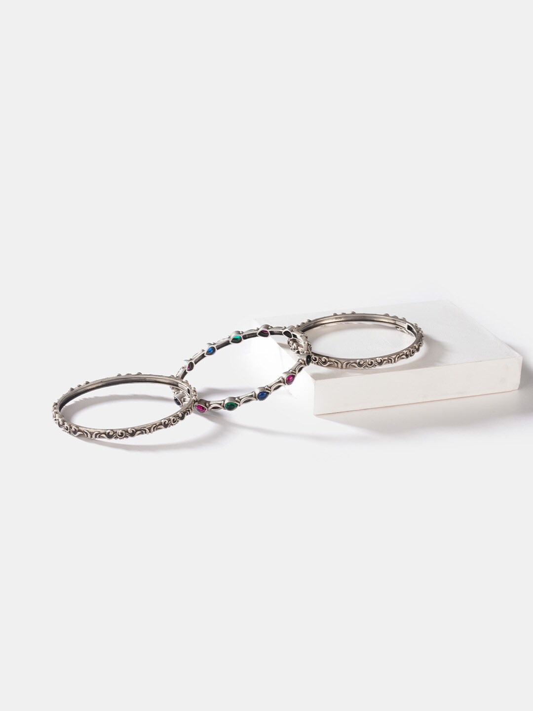 

SHAYA Women Set Of 3 Silver-Toned & Blue 925 Sterling Silver Bangle-Style Bracelet