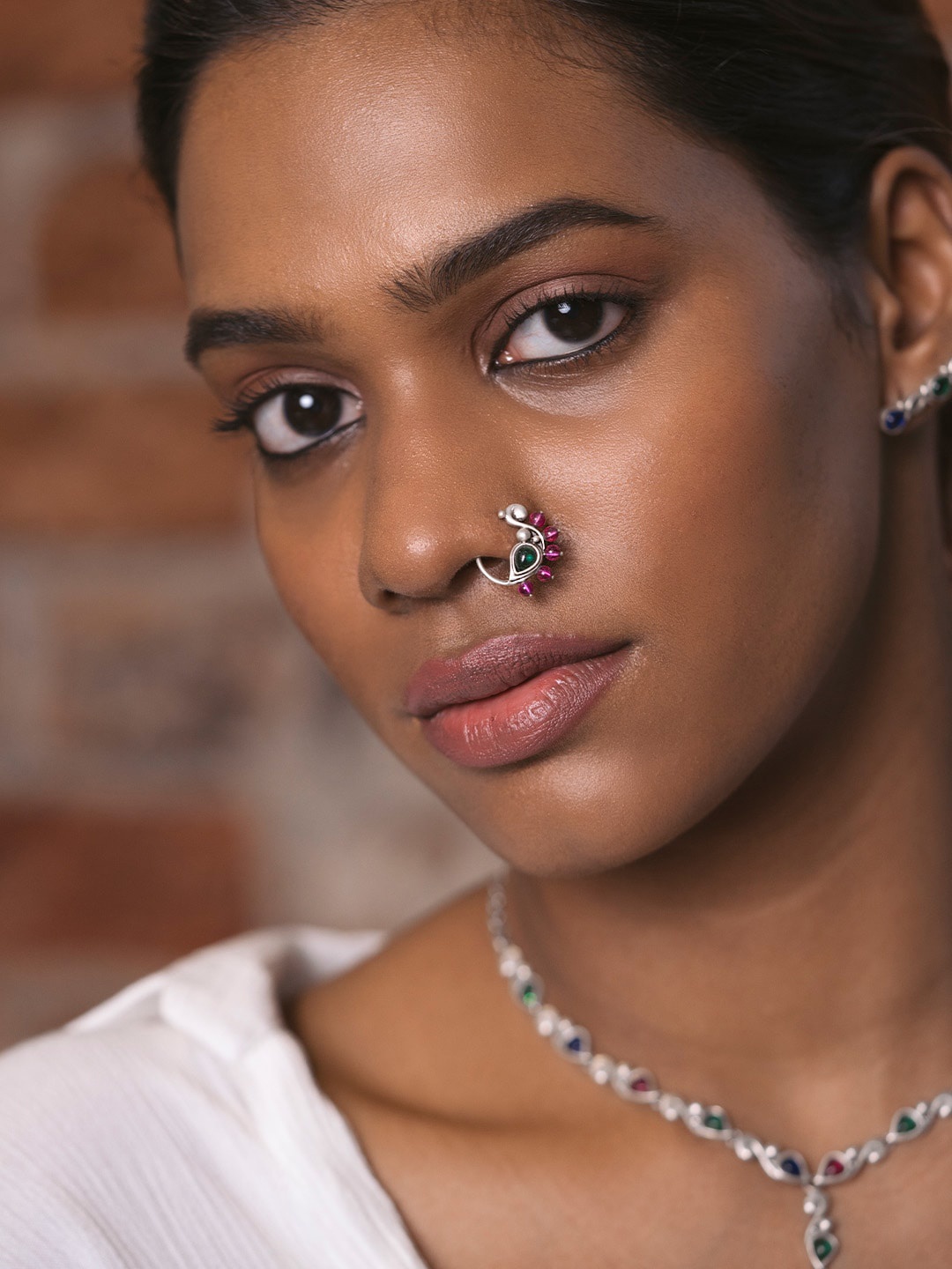 

SHAYA 925 Silver Oxidized Green Stone-Studded & Pink Beaded Nose Ring