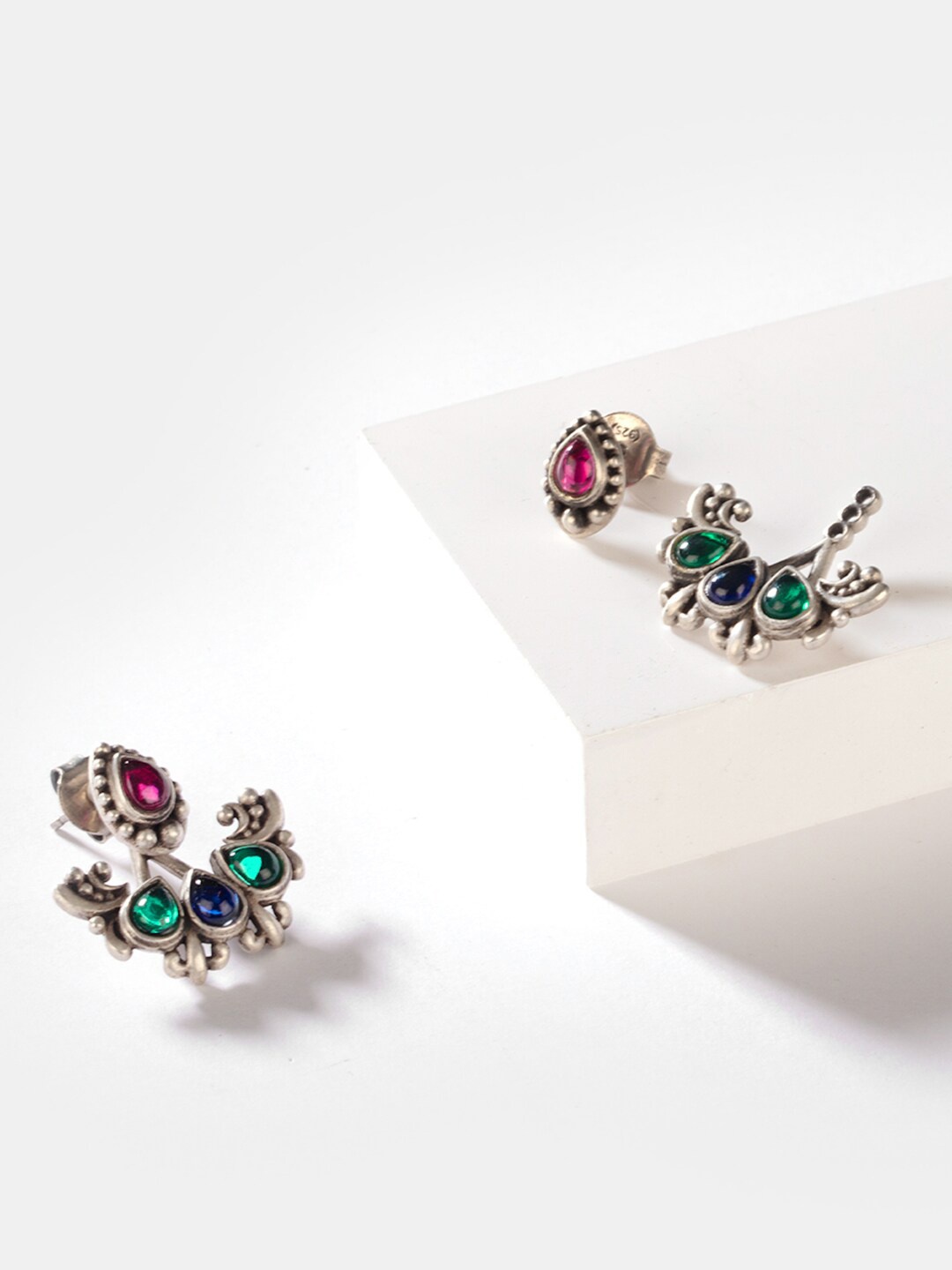 

SHAYA Silver-Toned & Green 925 Silver Oxidised Classic Drop Earrings