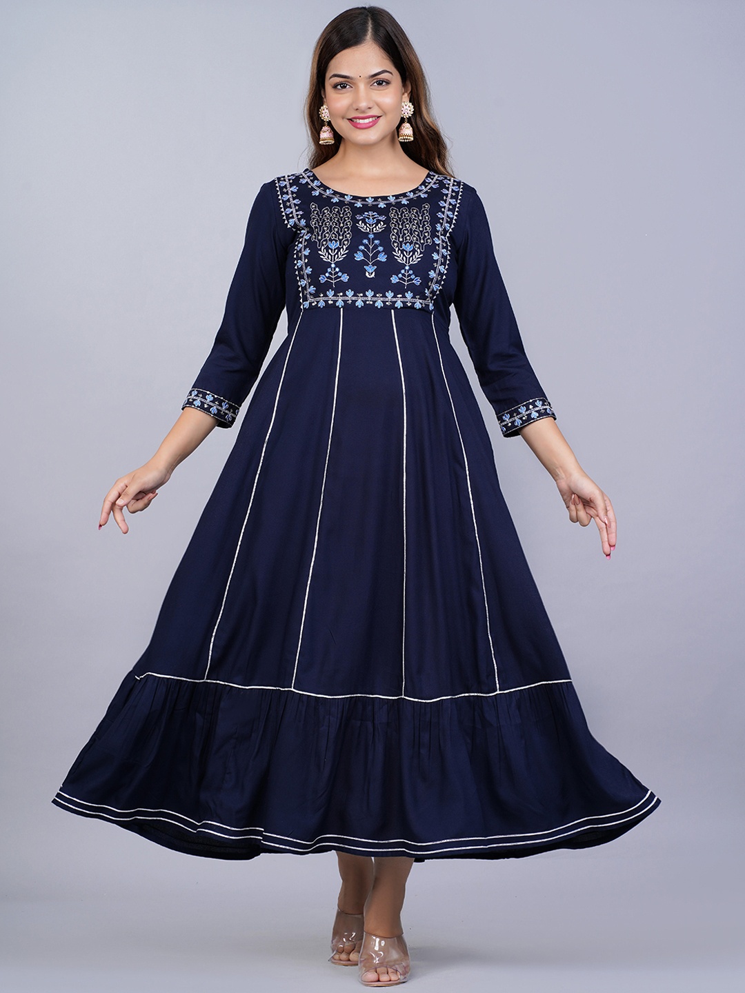 

NITVAN Women Navy Blue Solid Embroidered Thread Work Anarkali Kurta