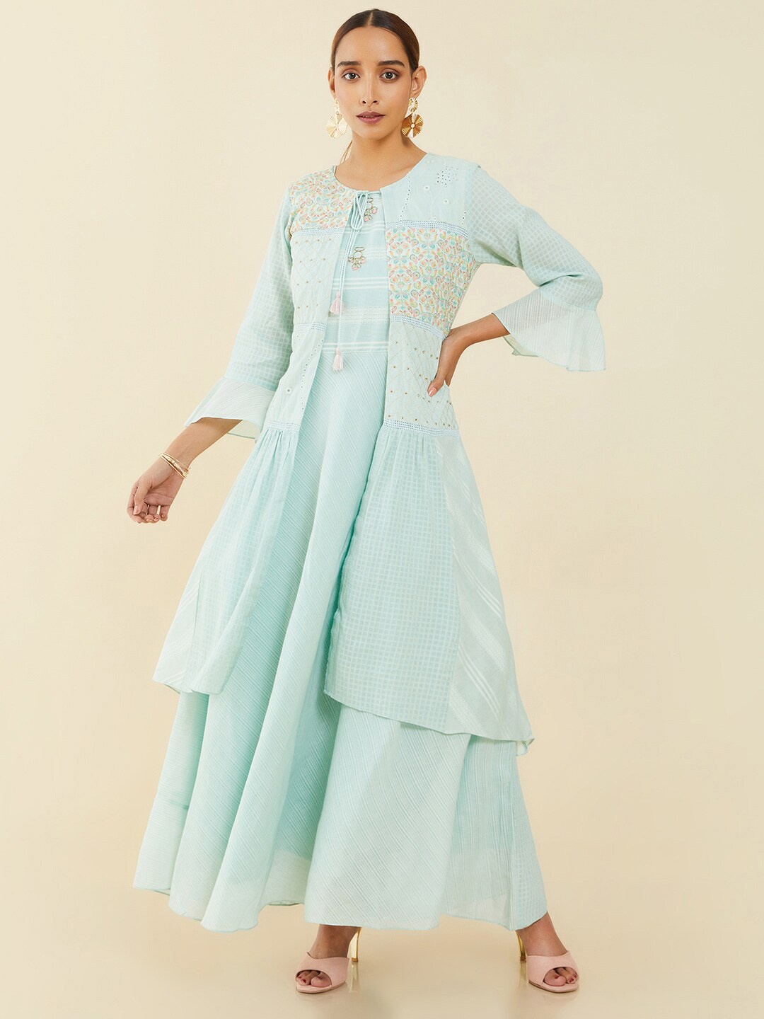 

Soch Blue & Gold-Toned Cotton Ethnic A-Line Maxi Dress