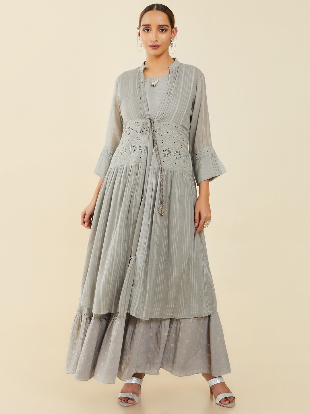 

Soch Women Grey Striped Ethnic Cotton Maxi Dress