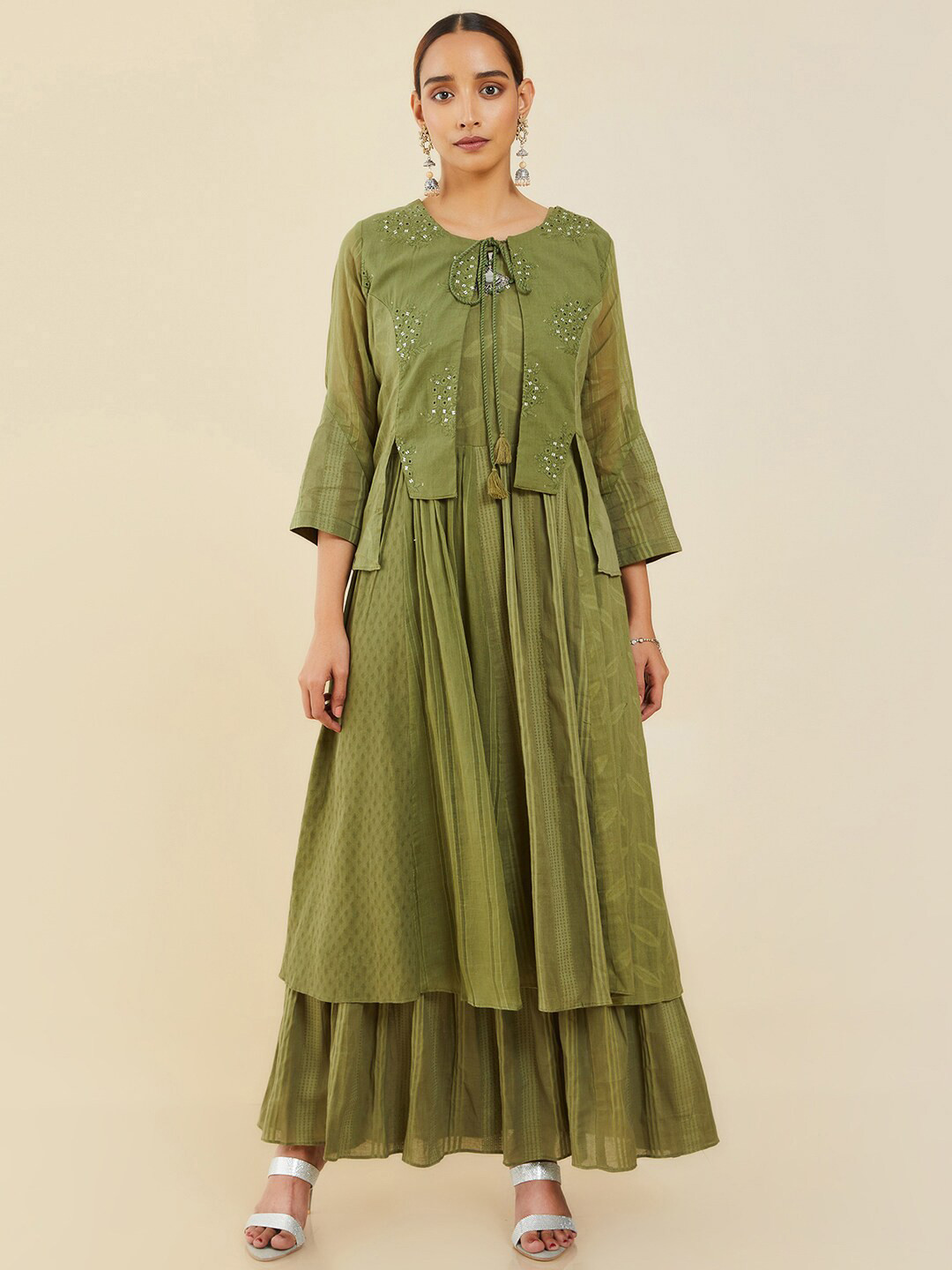 

Soch Olive Green Cotton Printed Tie-Up Neck Layered Ethnic A-Line Maxi Dress