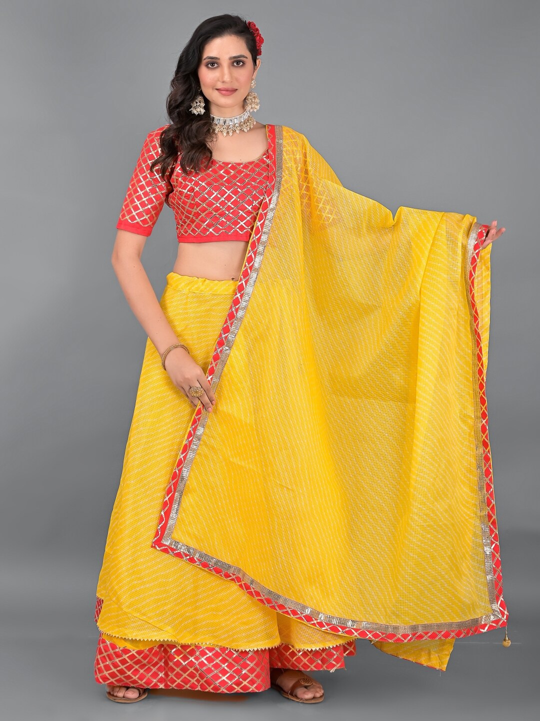 

Apratim Yellow & Red Embellished Ready to Wear Lehenga & Unstitched Blouse With Dupatta