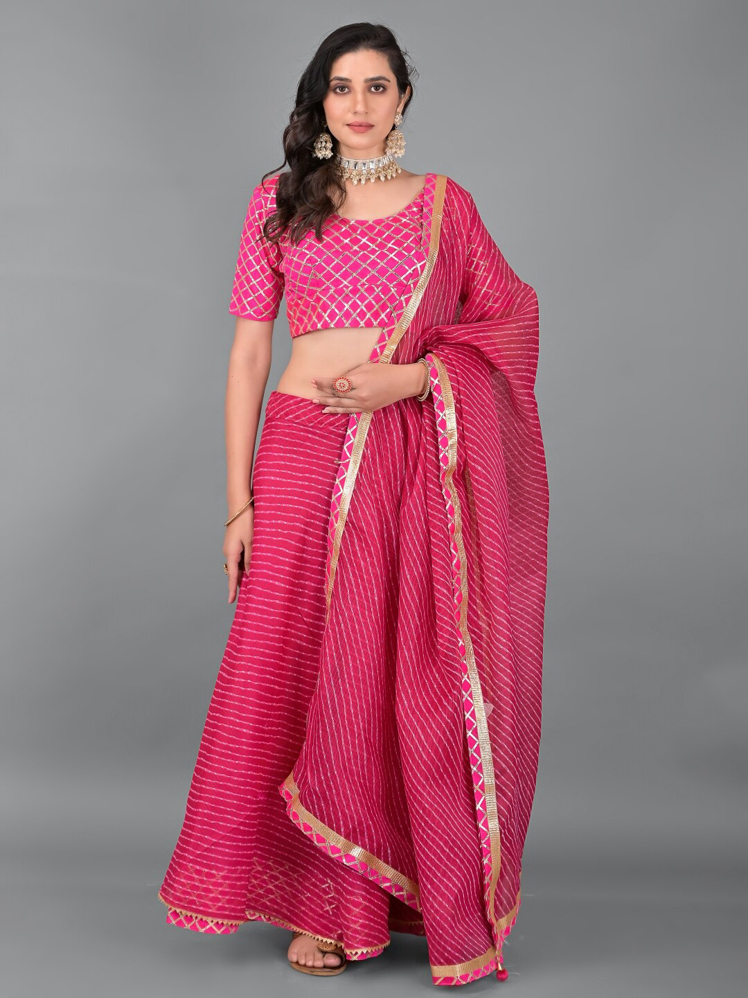 

Apratim Women Pink & Gold Embellished Cotton Lehenga & Unstitched Blouse With Dupatta