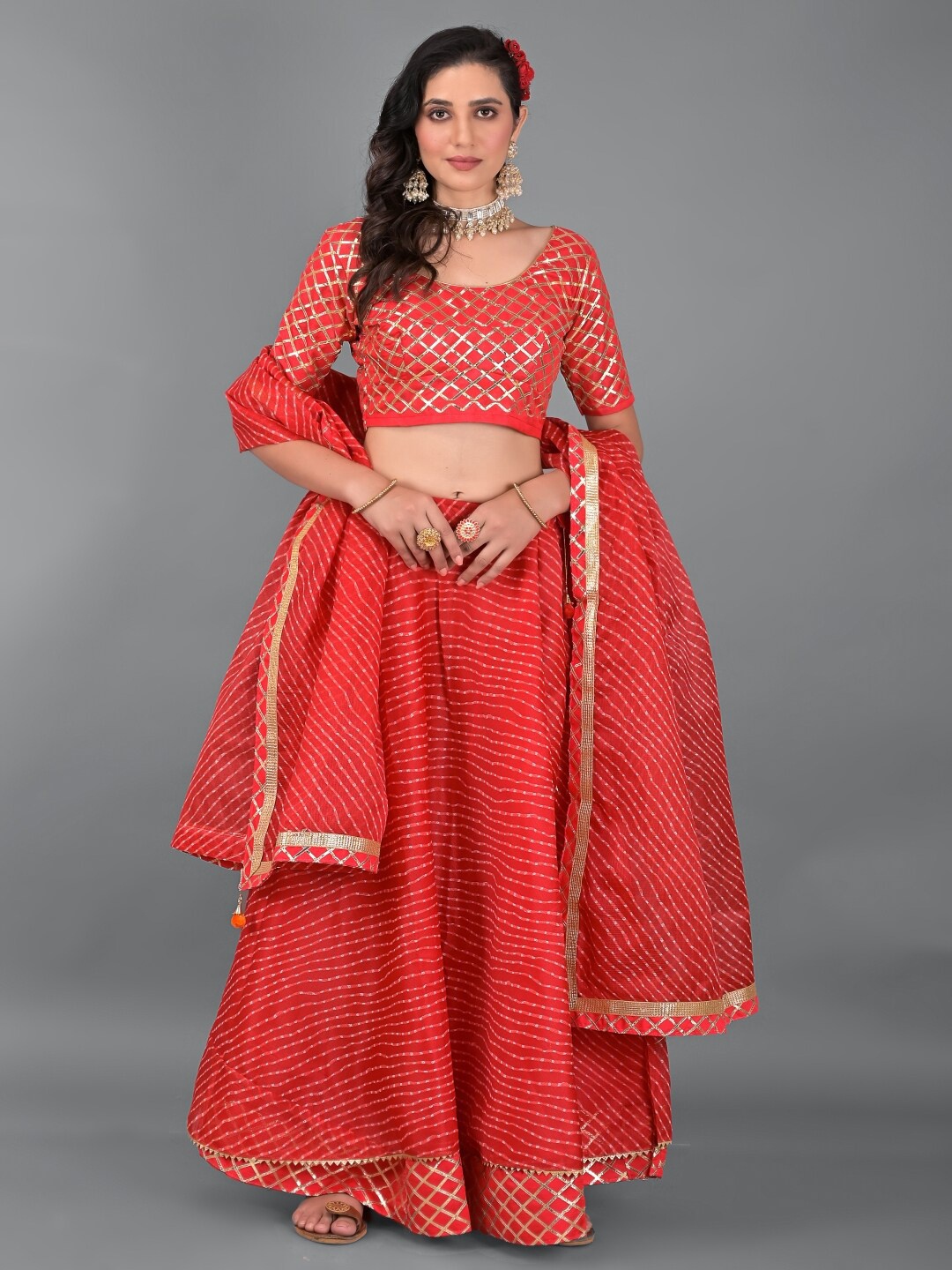 

Apratim Red & Gold-Toned Embellished Lehenga & Unstitched Blouse With Dupatta