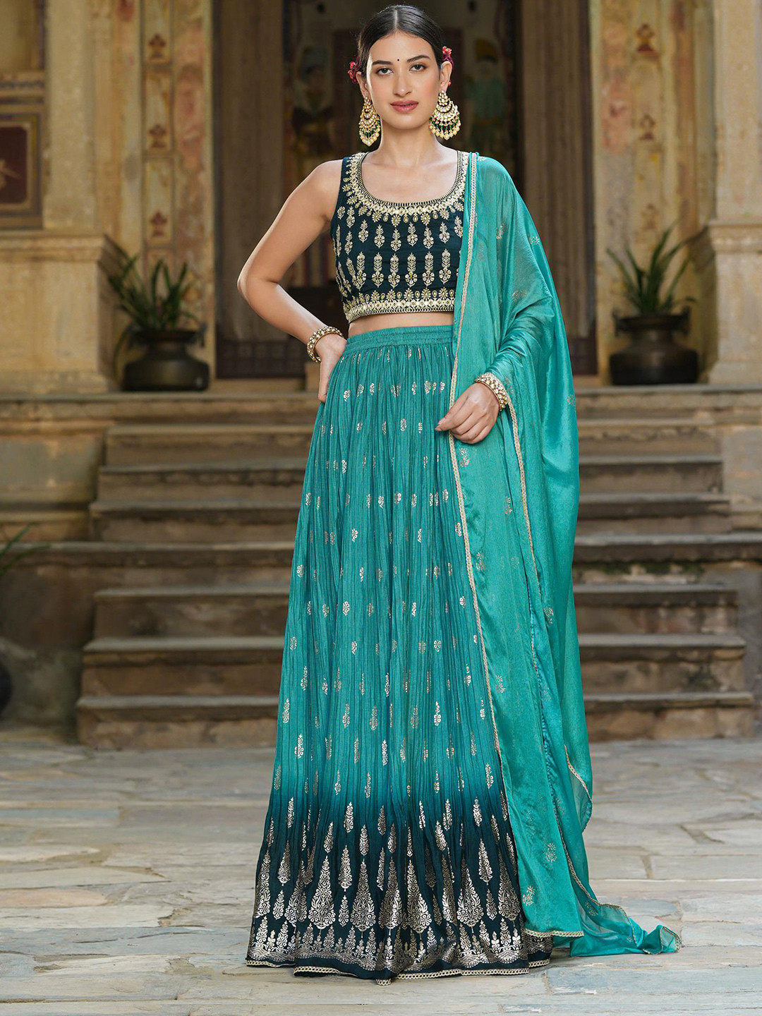 

SCAKHI Green & Gold-Embroidered Foil Print Lehenga & Blouse With Dupatta