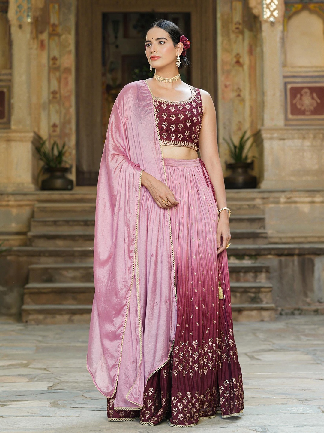 

SCAKHI Rose & Maroon Embroidered Foil Print Ready to Wear Lehenga & Blouse With Dupatta