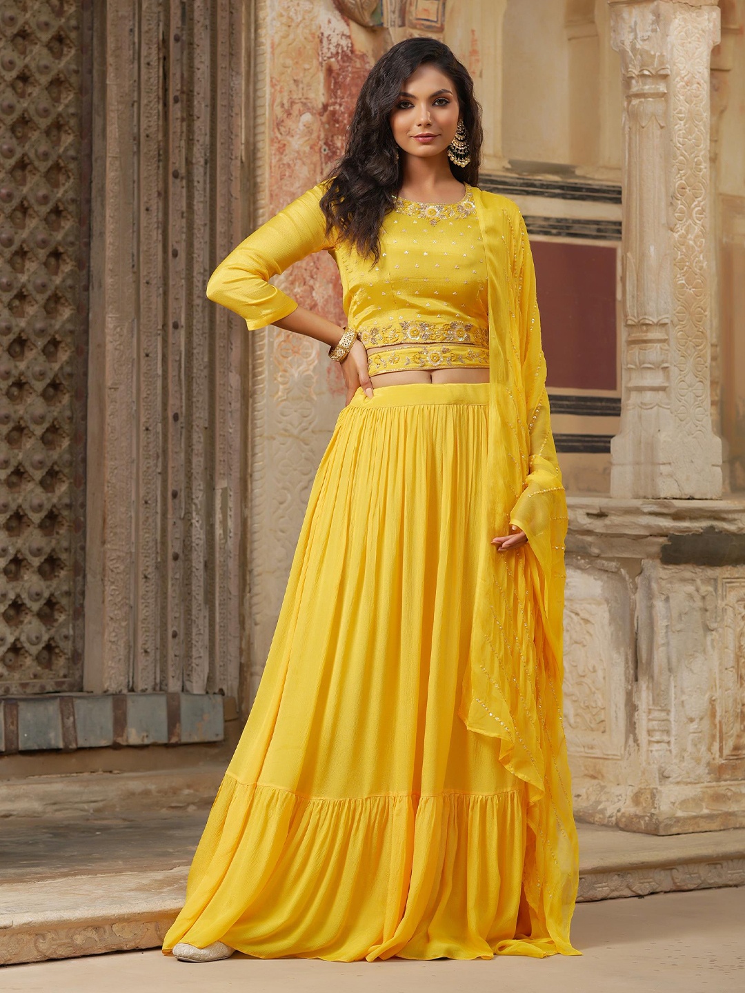 

SCAKHI Mustard & Gold-Toned Embroidered Sequinned Ready to Wear Lehenga & Blouse With Dupatta