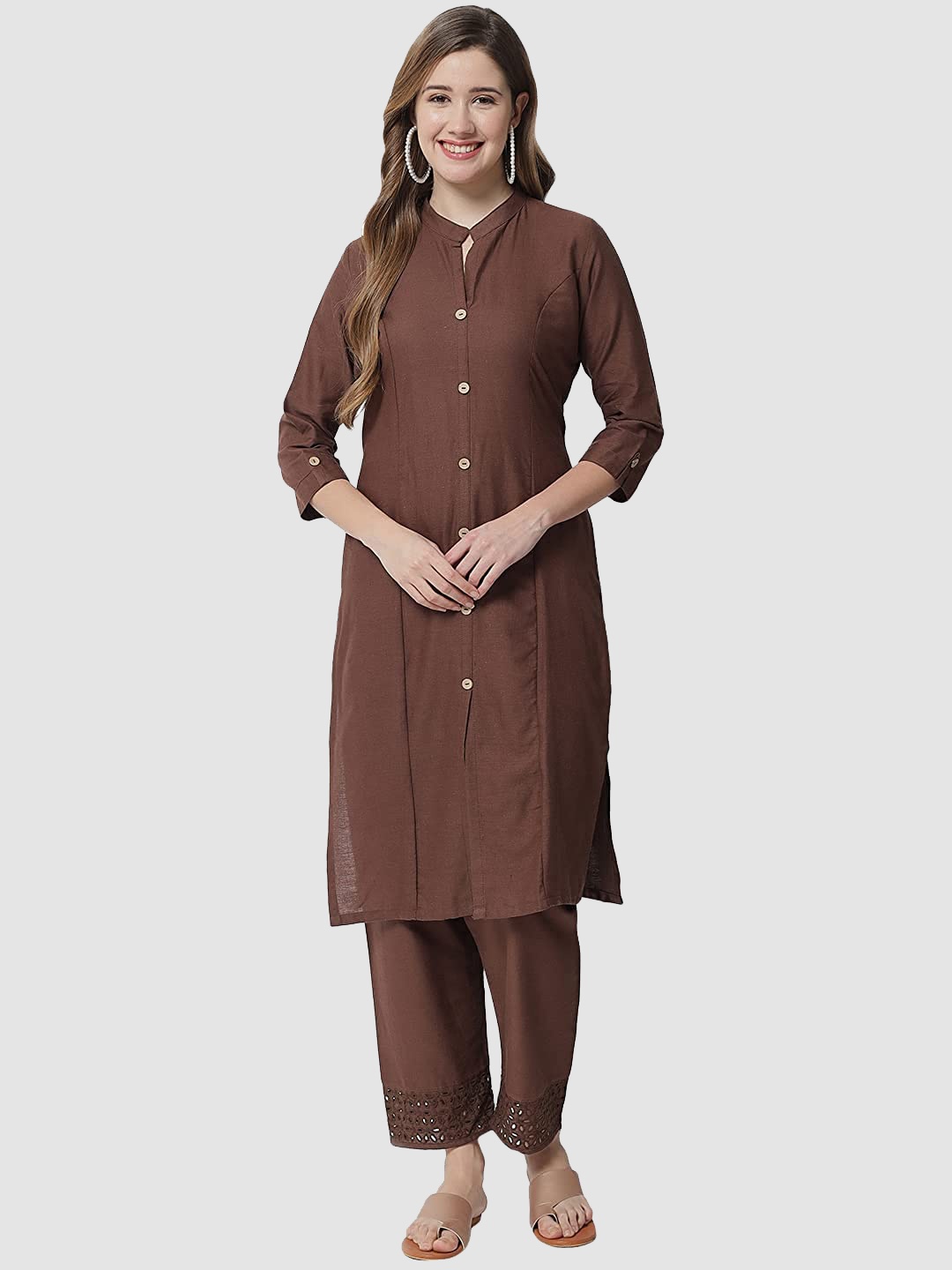 

Vastraa Fusion Women Brown Panelled Pure Cotton Kurta with Trousers