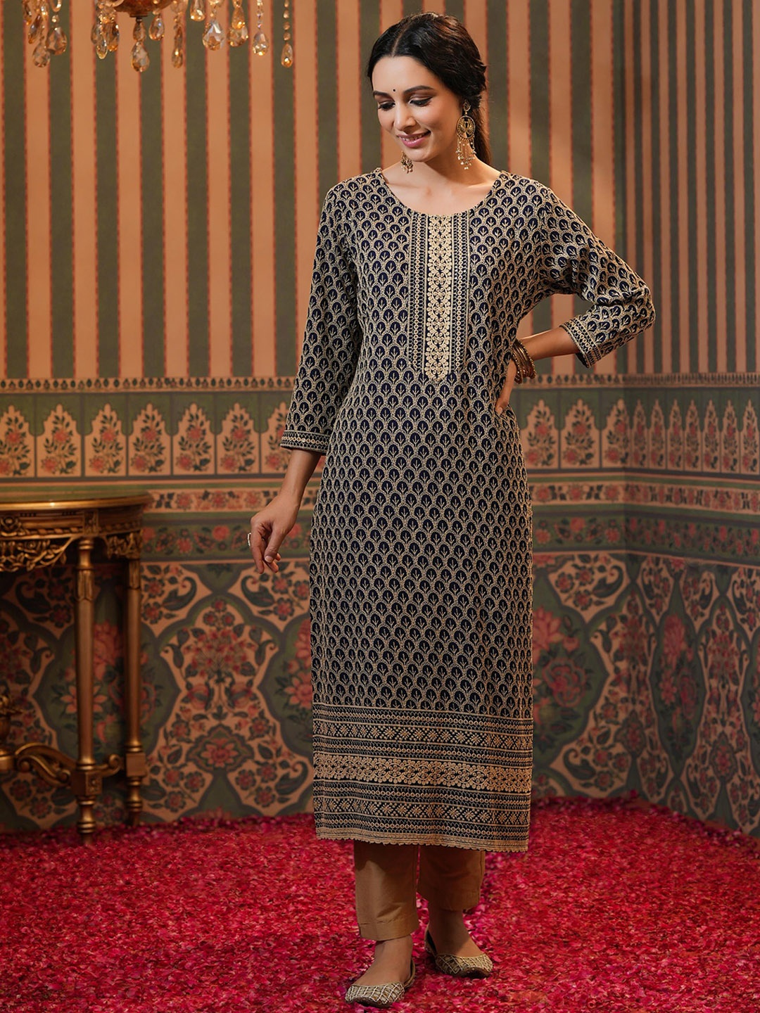 

SCAKHI Women Ethnic Motifs Printed Indigo Kurta, Navy blue