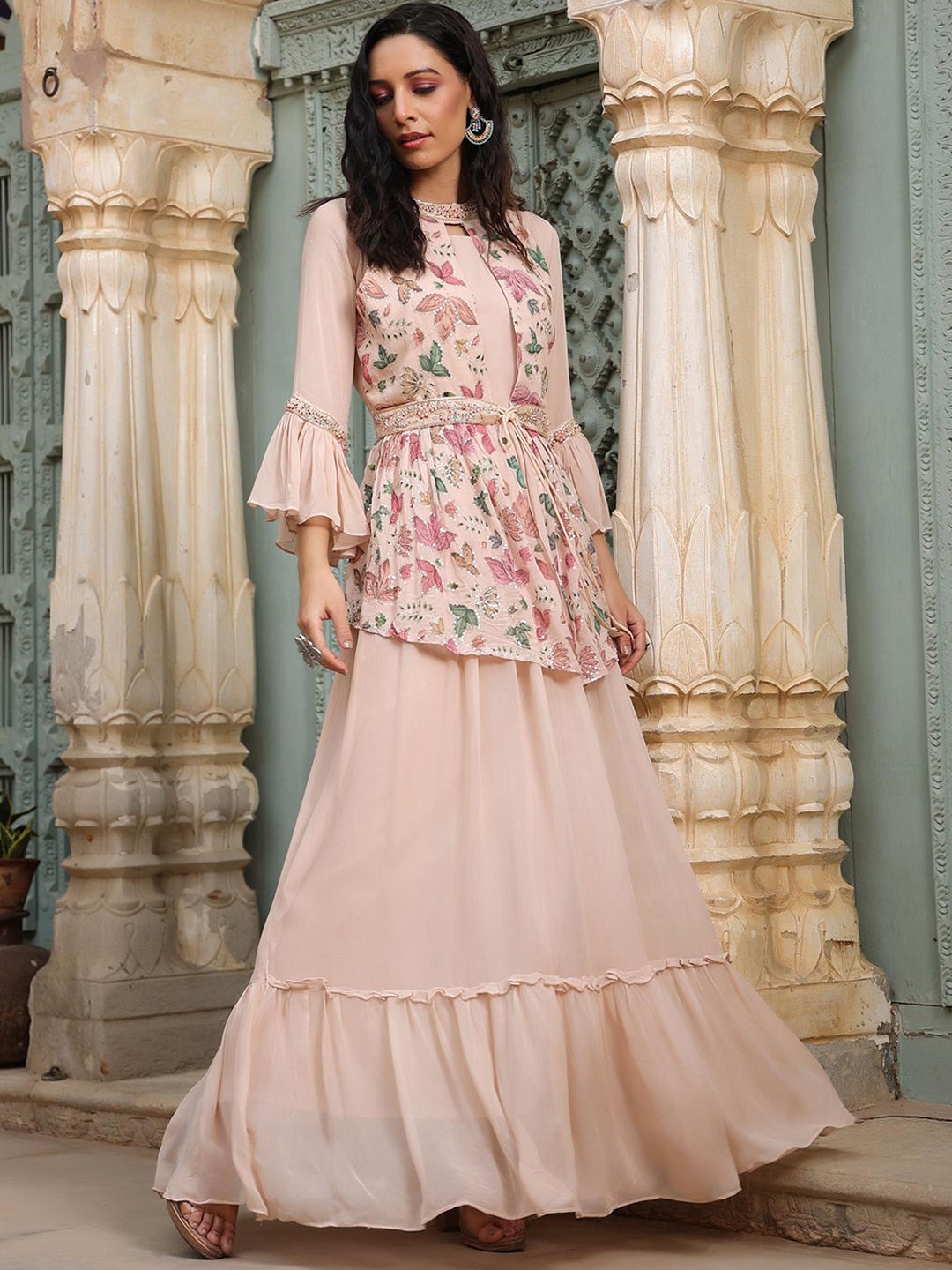 

SCAKHI Women Floral Printed Flared Sleeves Thread Work Summer Sheers Georgette Kurta, Cream