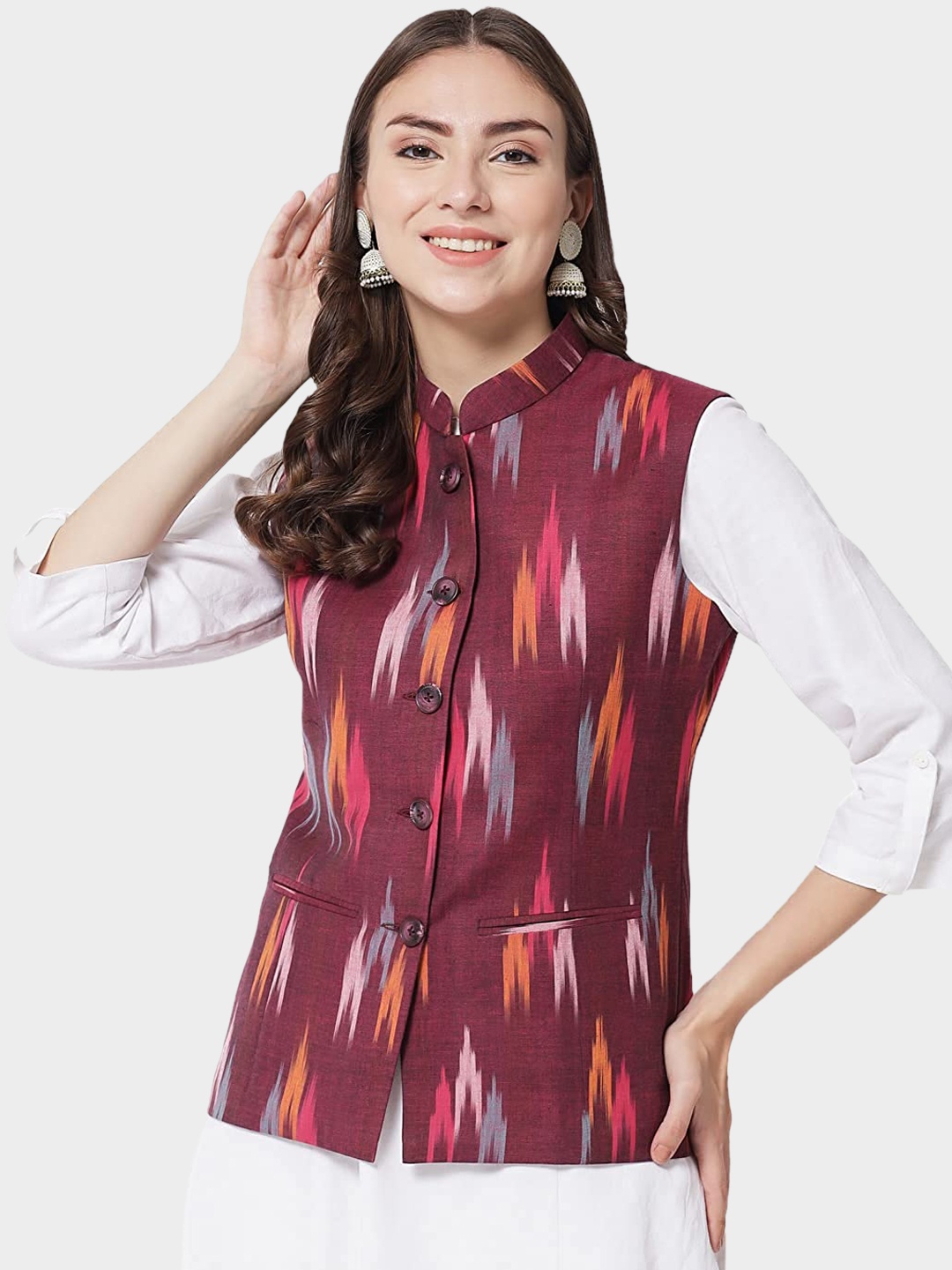 

Vastraa Fusion Women Pure Cotton Ikkat Printed Nehru Jacket, Maroon