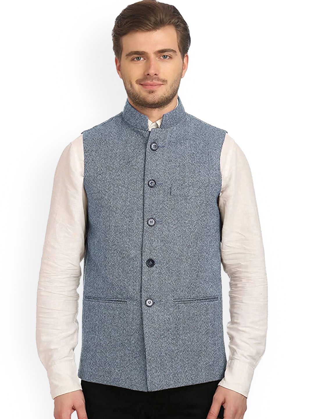 

Vastraa Fusion Men Blue Self Design Nehru Jackets