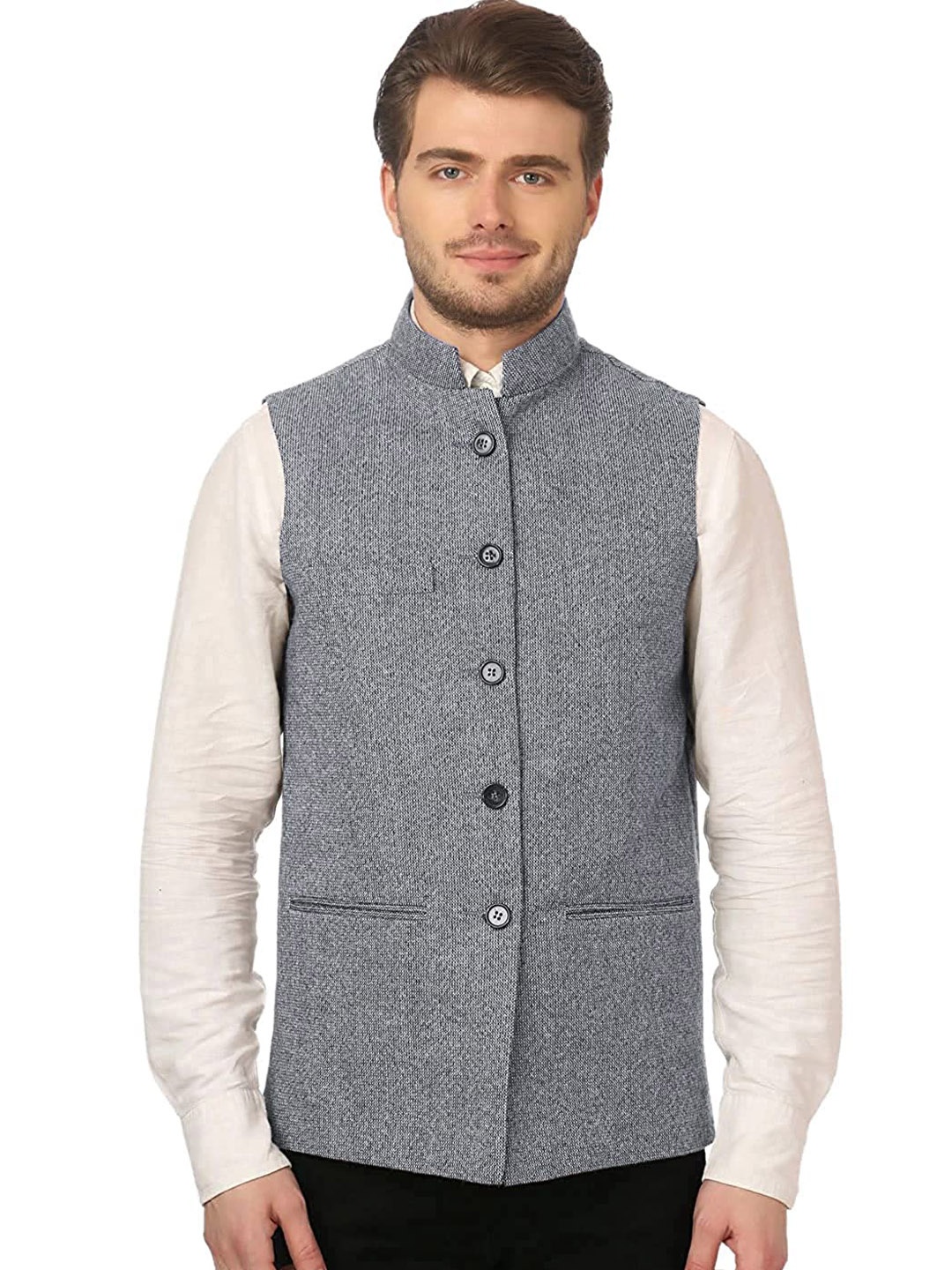 

Vastraa Fusion Men Grey Solid Nehru Cotton Jacket