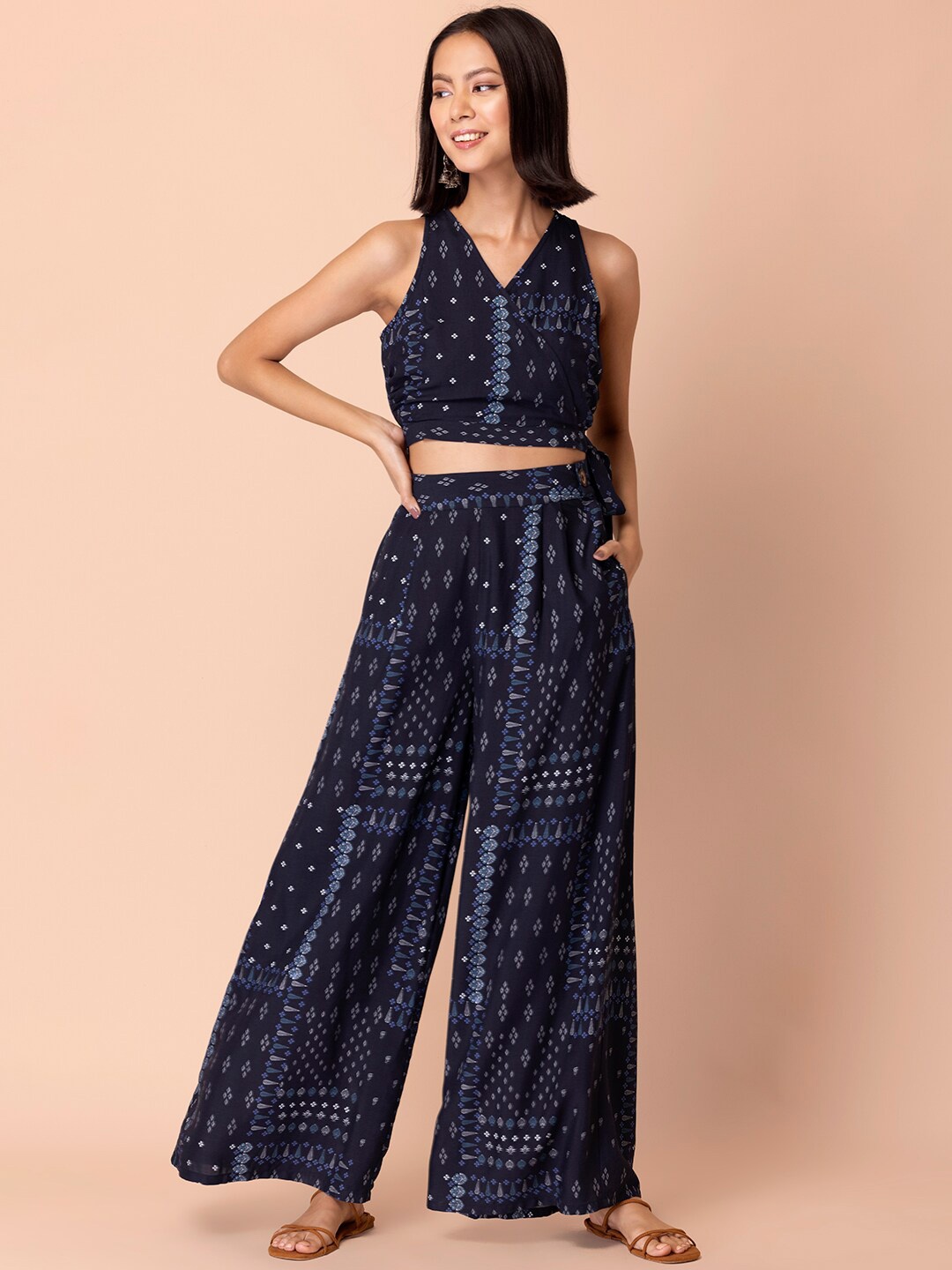 

INDYA Women Geo Wrap Crop Top and Pants, Blue