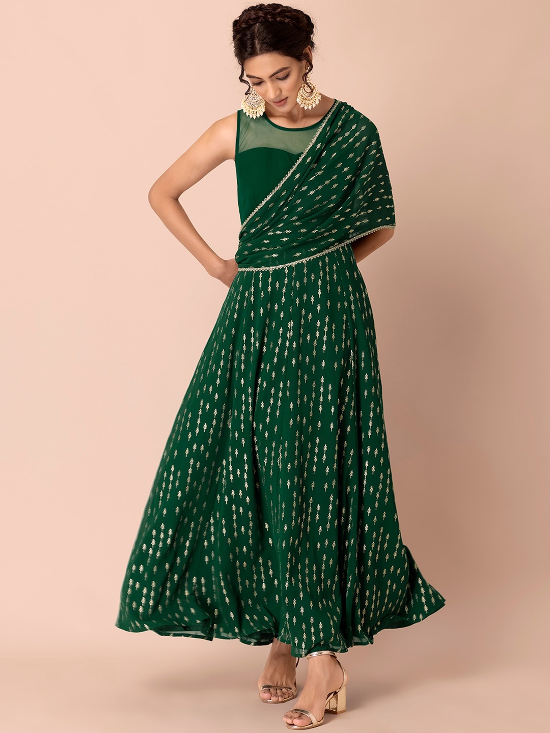 

INDYA Women Green Ethnic Foil Print Ethnic Dress With Attached Duppatta