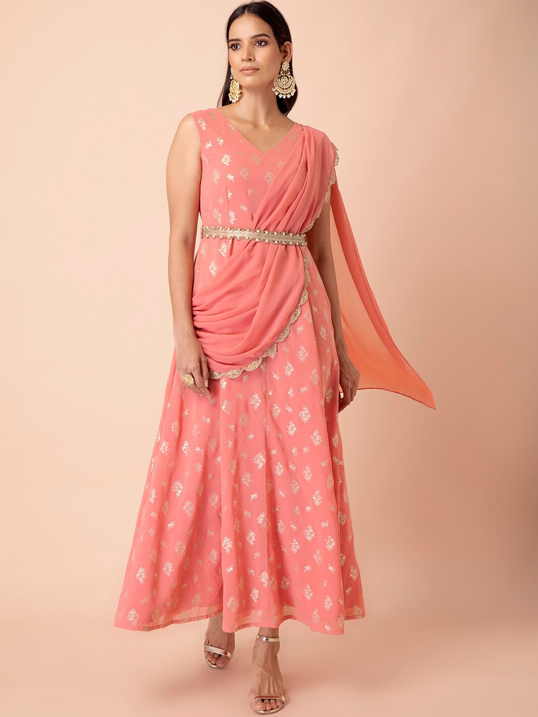 

INDYA Women Pink & Gold-Toned Ethnic Motifs Printed Georgette Anarkali Kurta