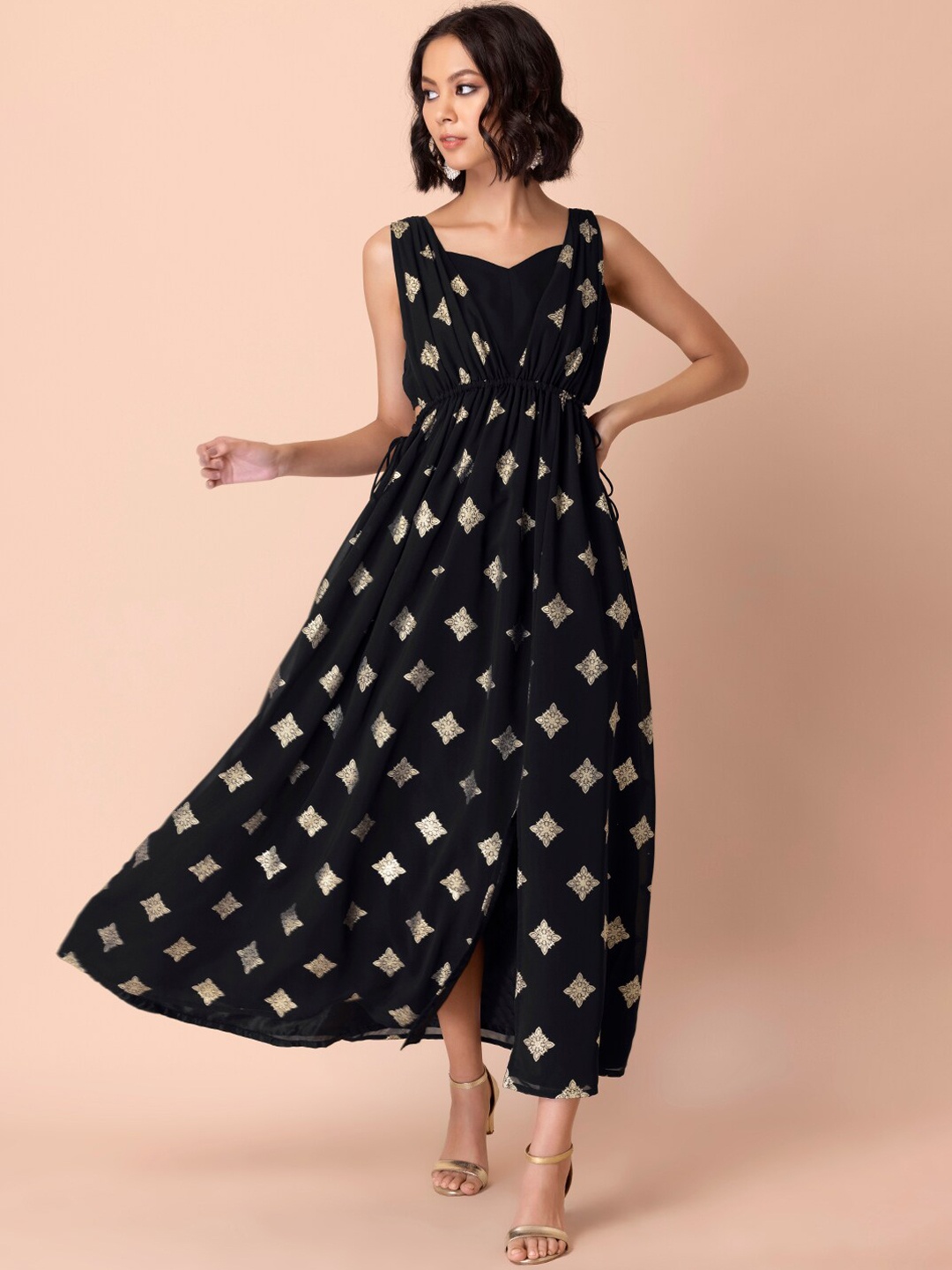 

INDYA Black Ethnic Motifs Printed Sweet Heart Neck Pure Georgette Empire Ethnic Dress