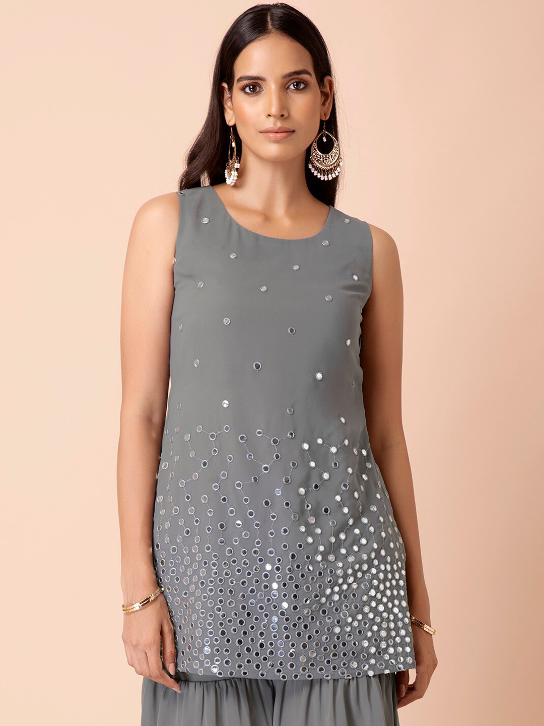 

Rang by Indya Women Grey Mirror Work Embroidered Georgette Short Kurta